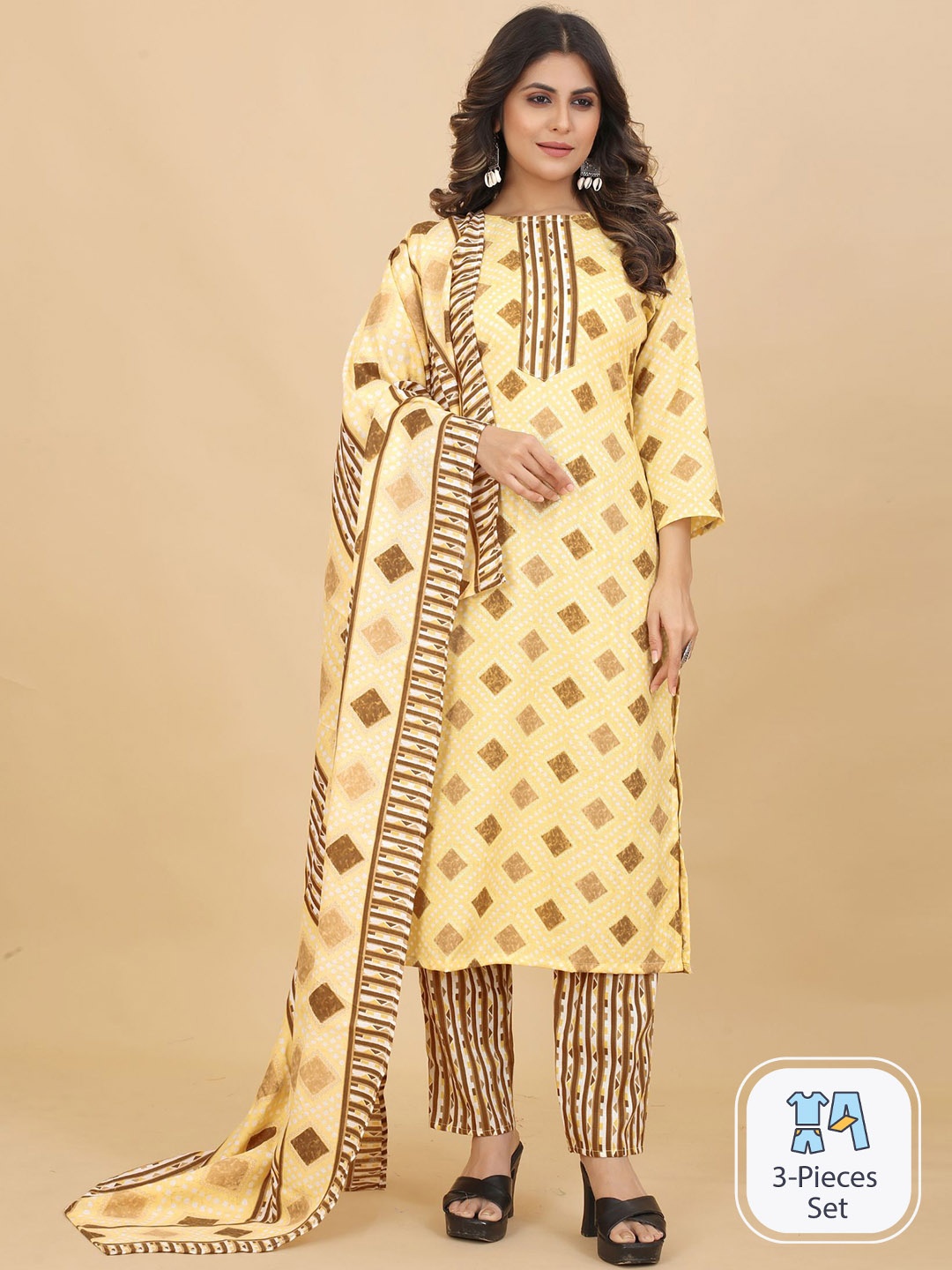 

KALINI Ethnic Motifs Printed Regular Kurta with Trousers & Dupatta, Mustard