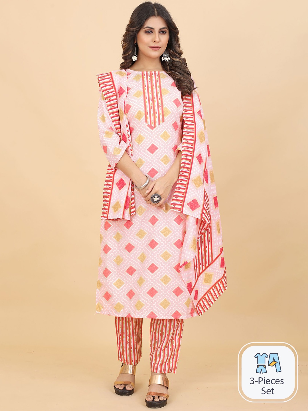 

KALINI Ethnic Motifs Printed Regular Kurta with Trousers & Dupatta, Peach