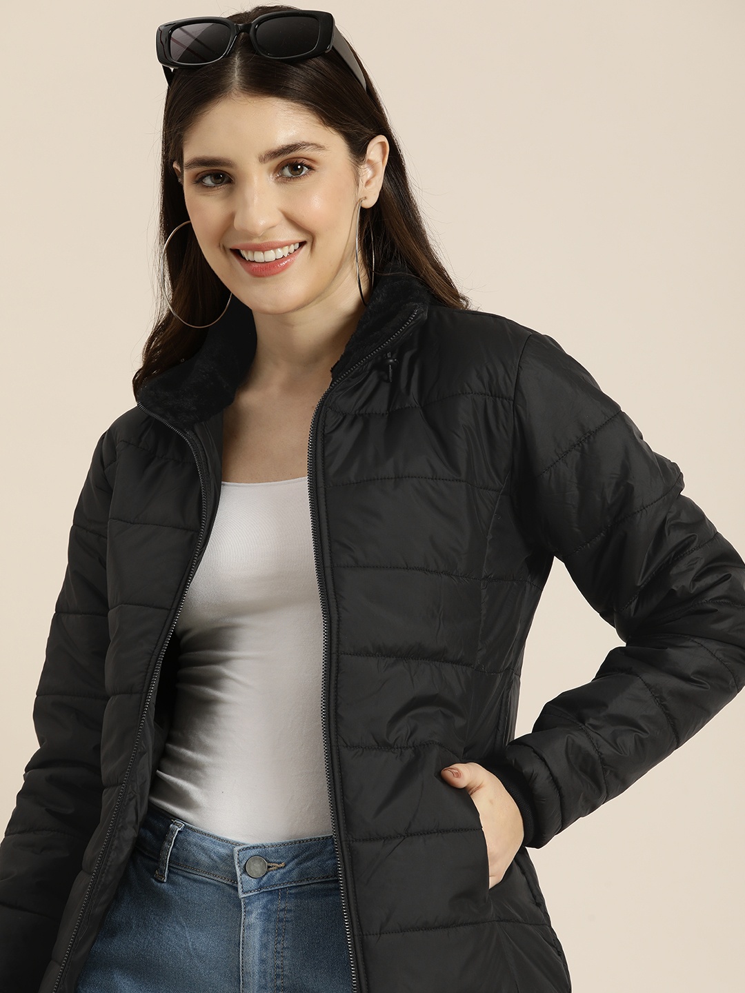 

HERE&NOW Solid Mock-Collar Puffer Jacket, Black