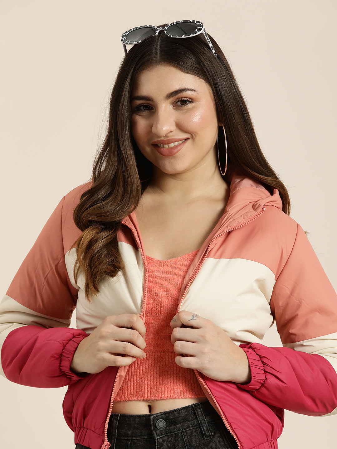 

HERE&NOW Colourblocked Hooded Puffer Jacket, Peach