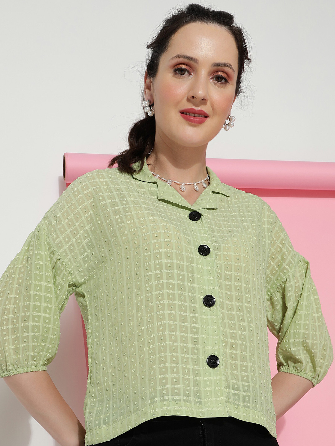 

CLEMIRA Checked Puff Sleeves Shirt Style Top, Fluorescent green