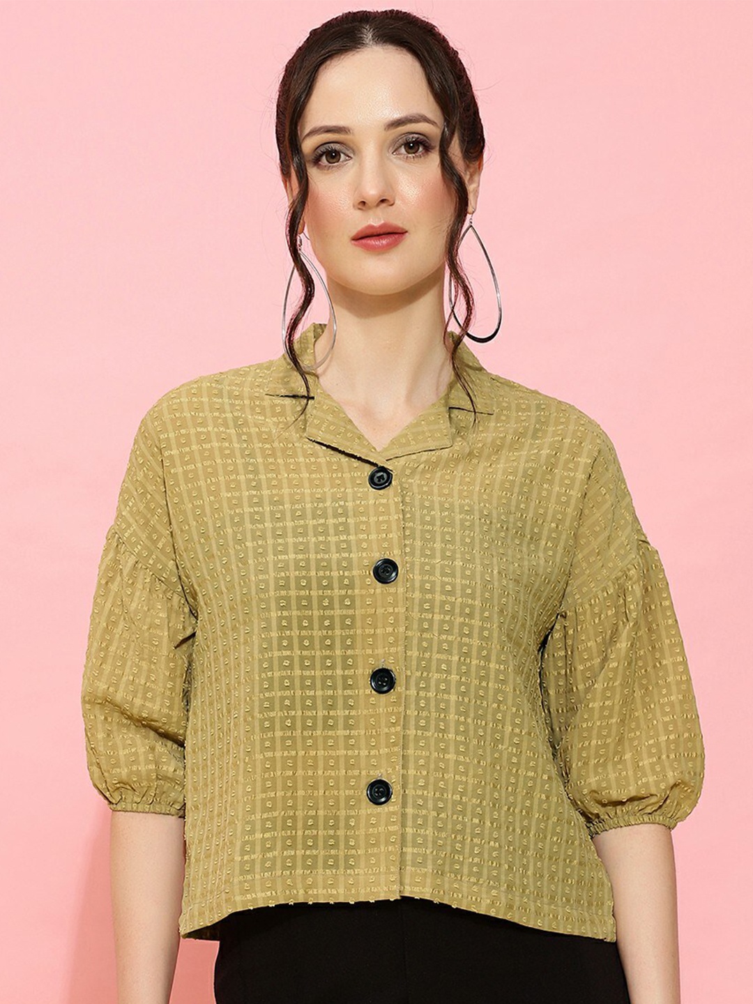 

CLEMIRA Geometric Self Design Notched Lapel Collar Shirt Style Top, Mustard