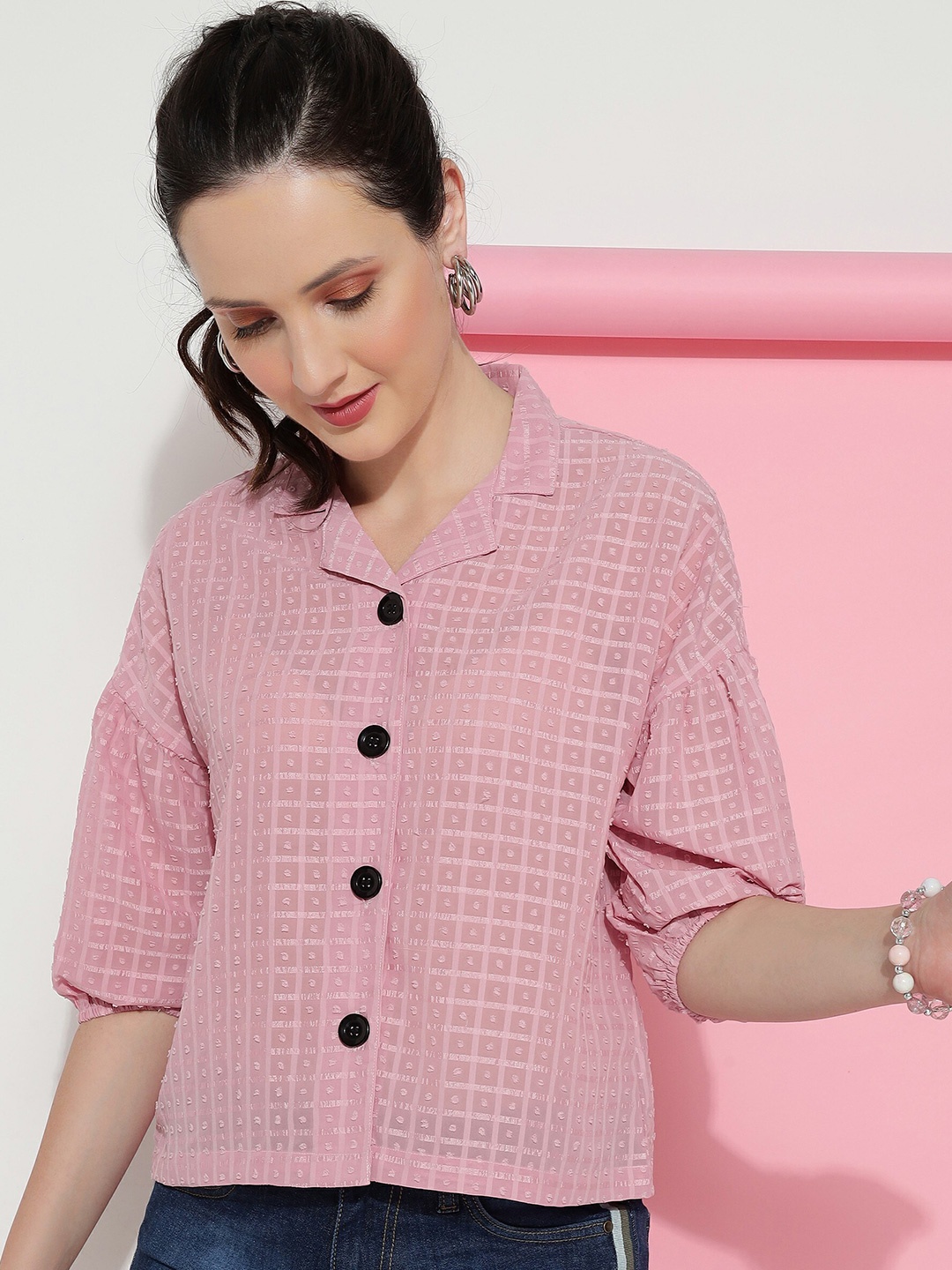 

CLEMIRA Checked Puff Sleeves Shirt Style Top, Pink