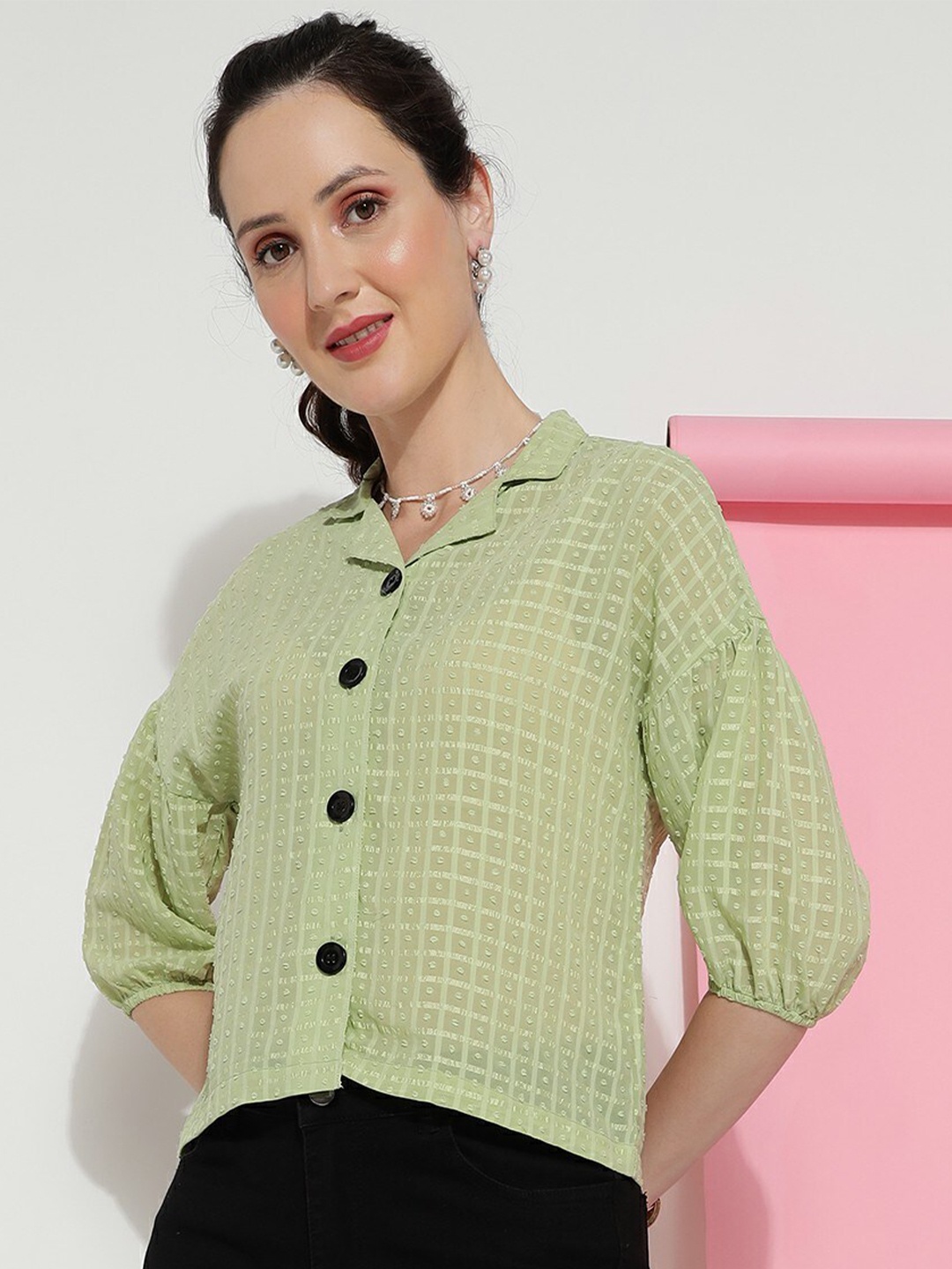 

CLEMIRA Self Design Shirt Collar Puff Sleeves Boxy Top, Fluorescent green