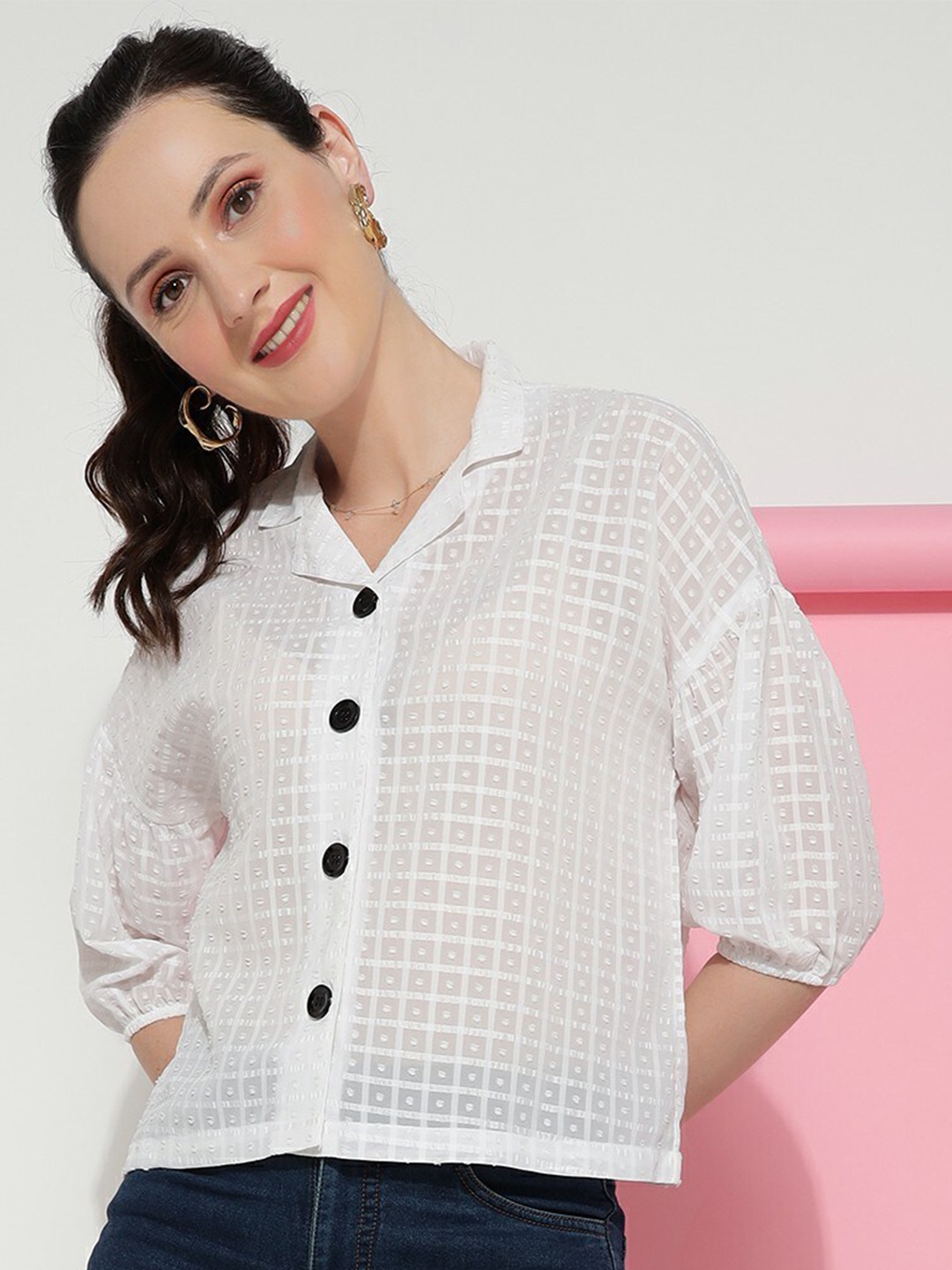 

CLEMIRA Geometric Self Design Notched Lapel Collar Shirt Style Top, White