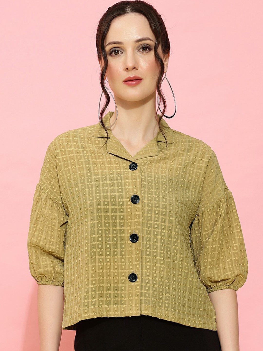 

CLEMIRA Checked Puff Sleeves Shirt Style Top, Beige