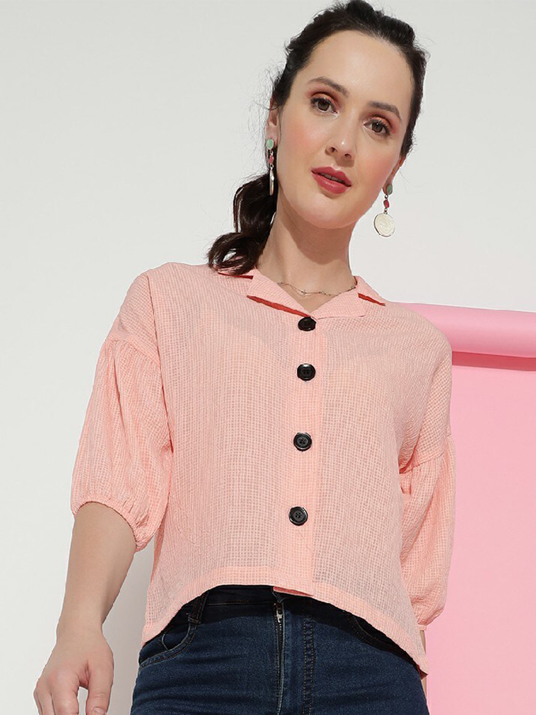 

CLEMIRA Checked Notched Lapel Collar Shirt Style Top, Peach