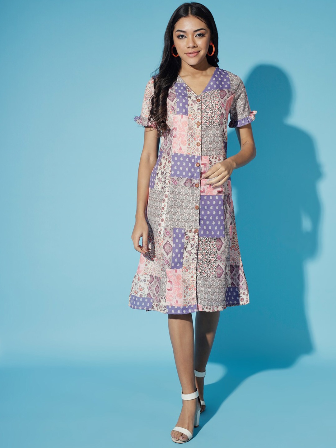 

DressBerry Grey & Purple Ethnic Motifs Printed V-Neck A-Line Dress