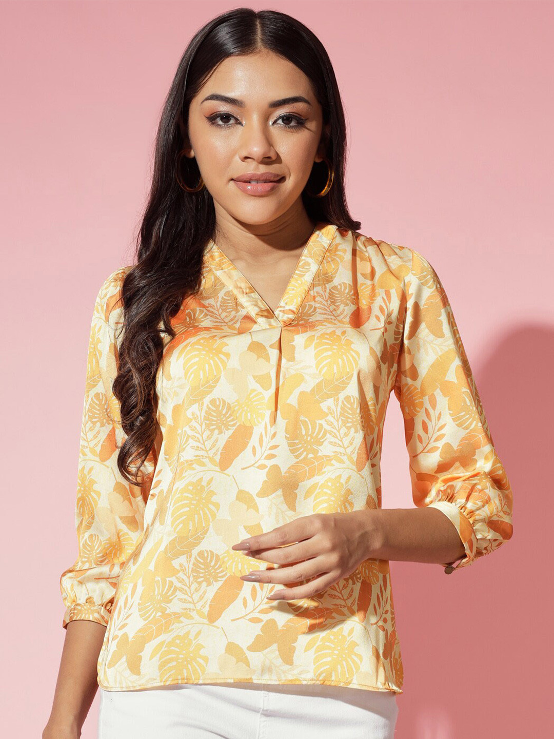 

DressBerry Yellow Floral Printed V-Neck Top