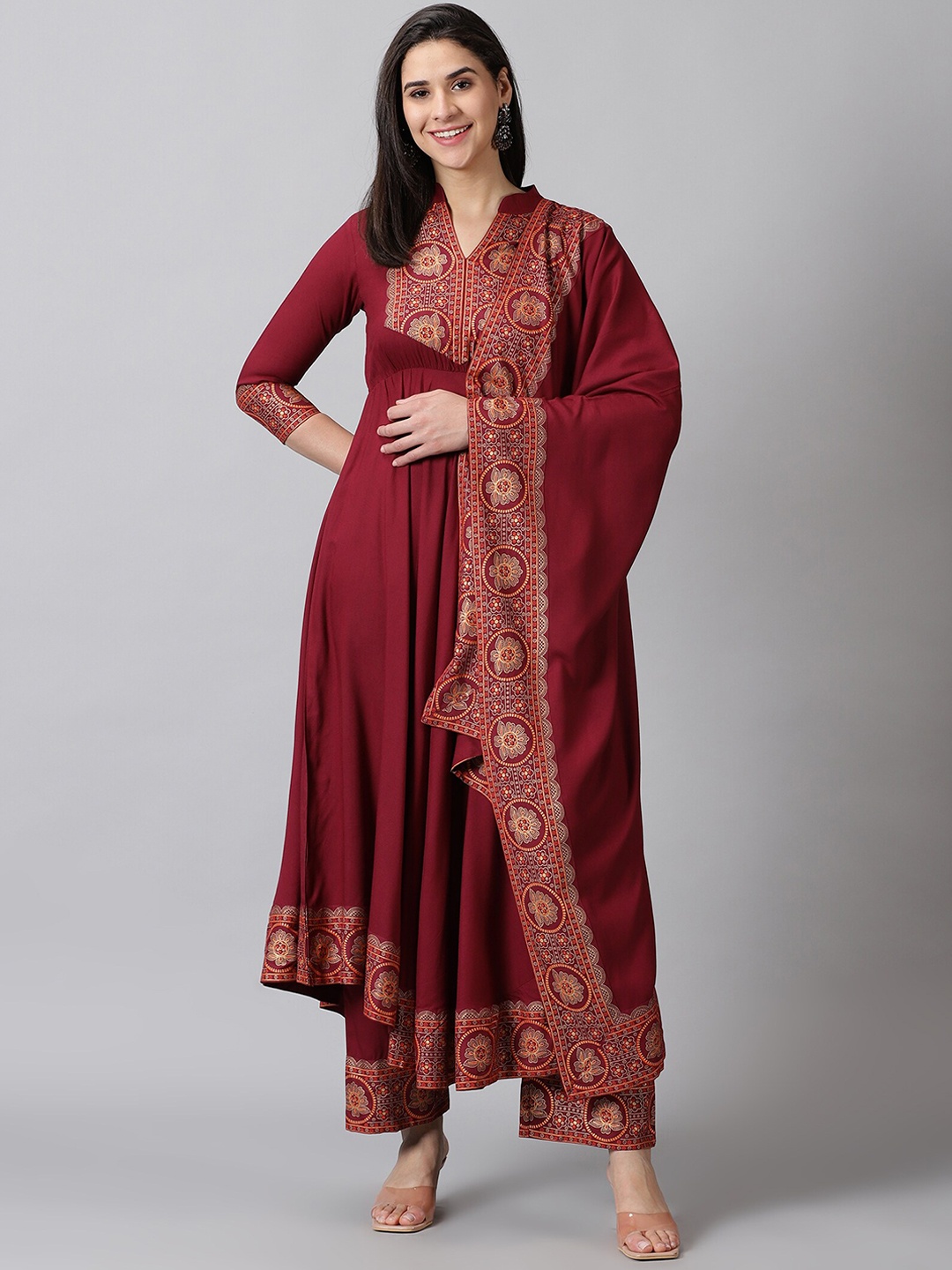 

DK FAB Ethnic Motifs Printed Mandarin Collar Anarkali Kurta with Palazzos & Dupatta, Maroon