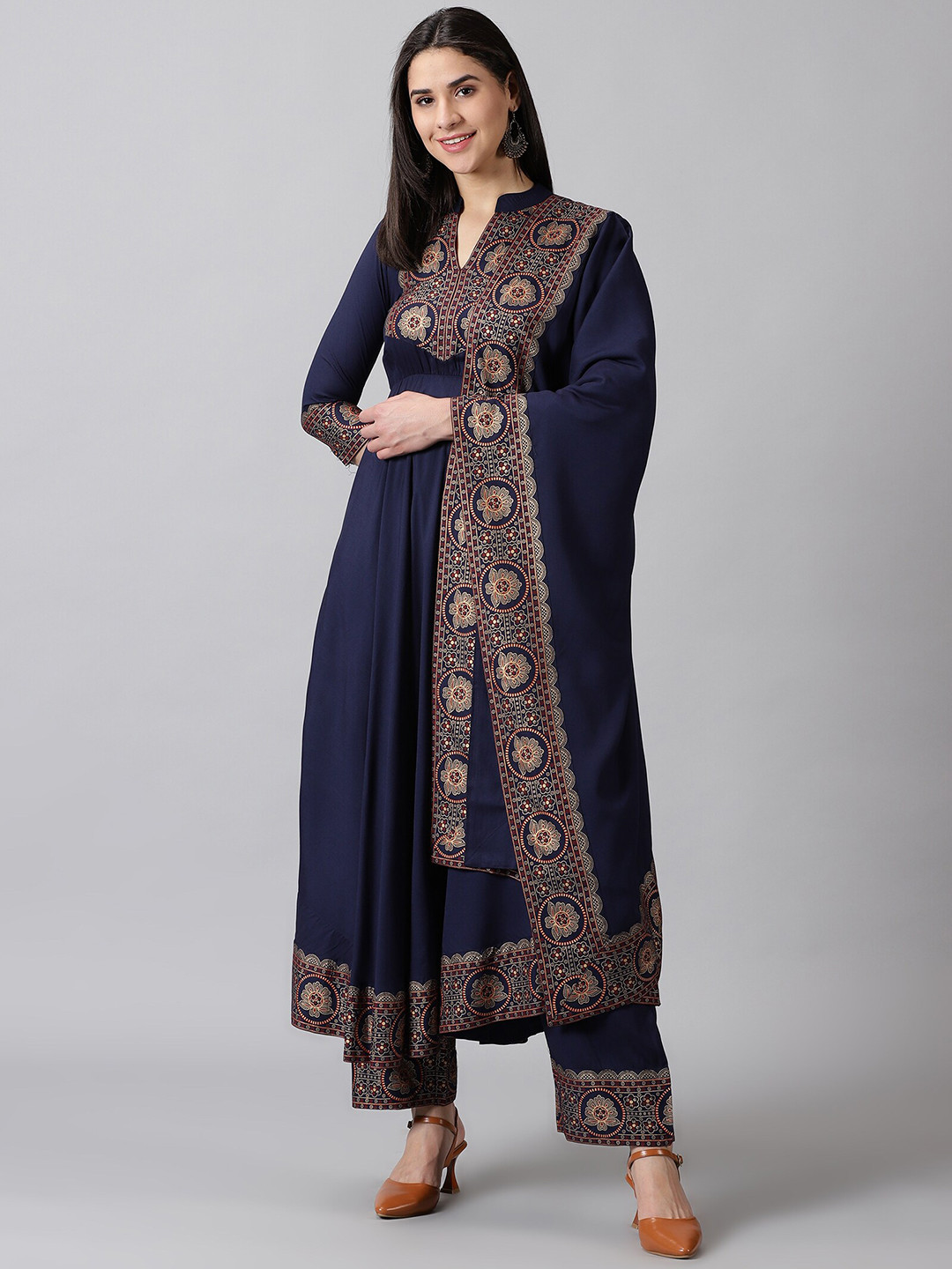

DK FAB Ethnic Motifs Printed Mandarin Collar Anarkali Kurta with Palazzos & Dupatta, Navy blue