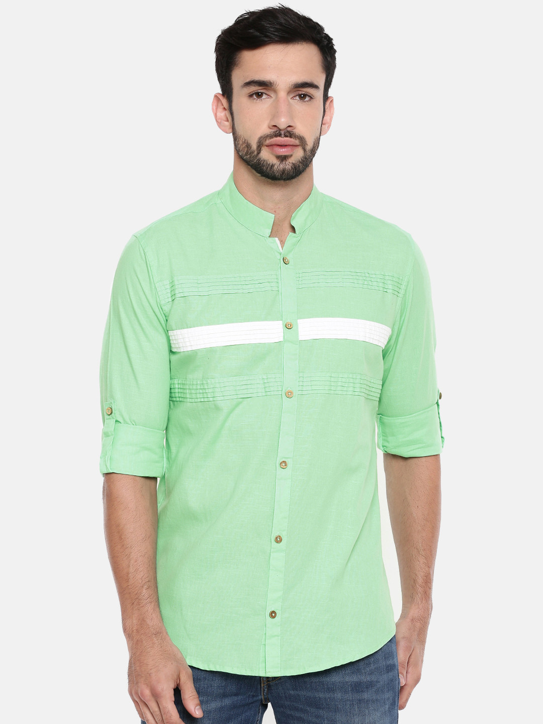 

Freehand by The Indian Garage Co Men Green Slim Fit Striped Casual Shirt