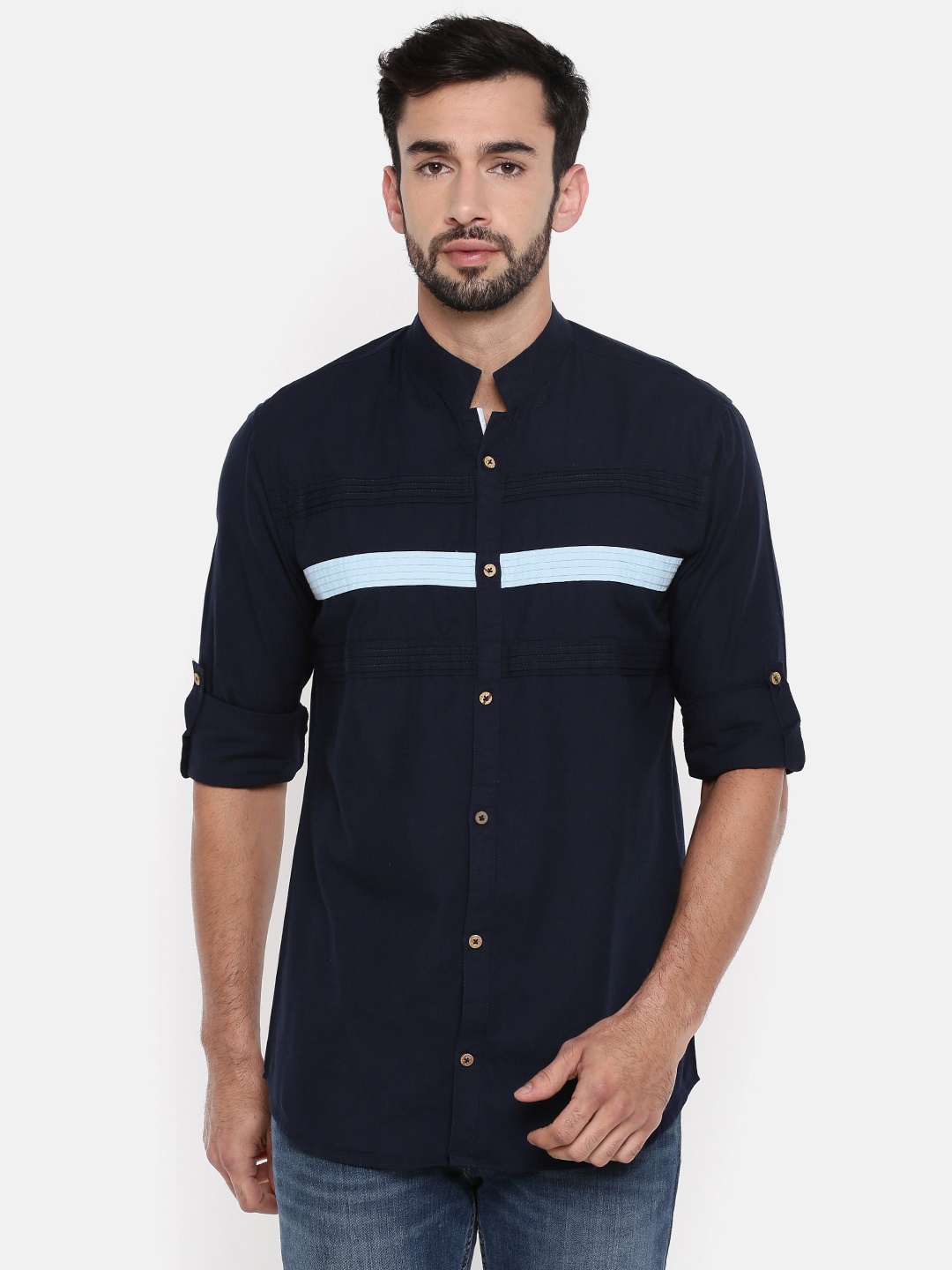 

Freehand Men Navy Blue Slim Fit Striped Casual Shirt