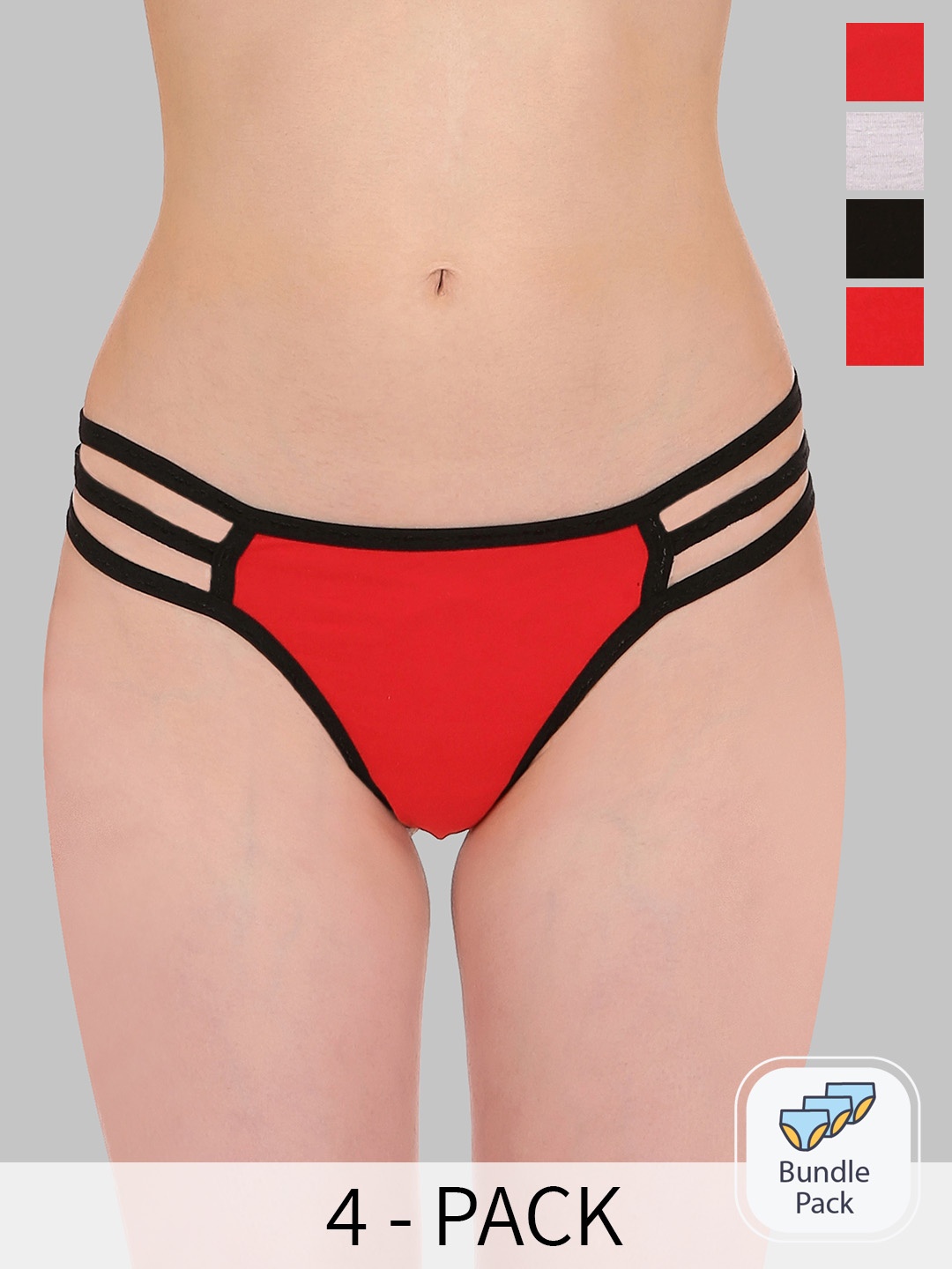 

SELFCARE Pack Of 4 Low-Rise Anti-Odour Pure Cotton Honeymoon Thong Briefs, Red