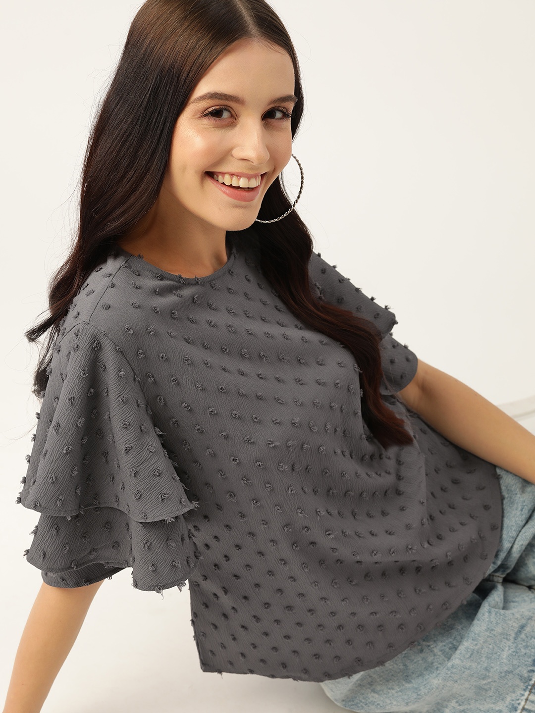 

Mast & Harbour Flared Sleeves Crepe Top, Grey