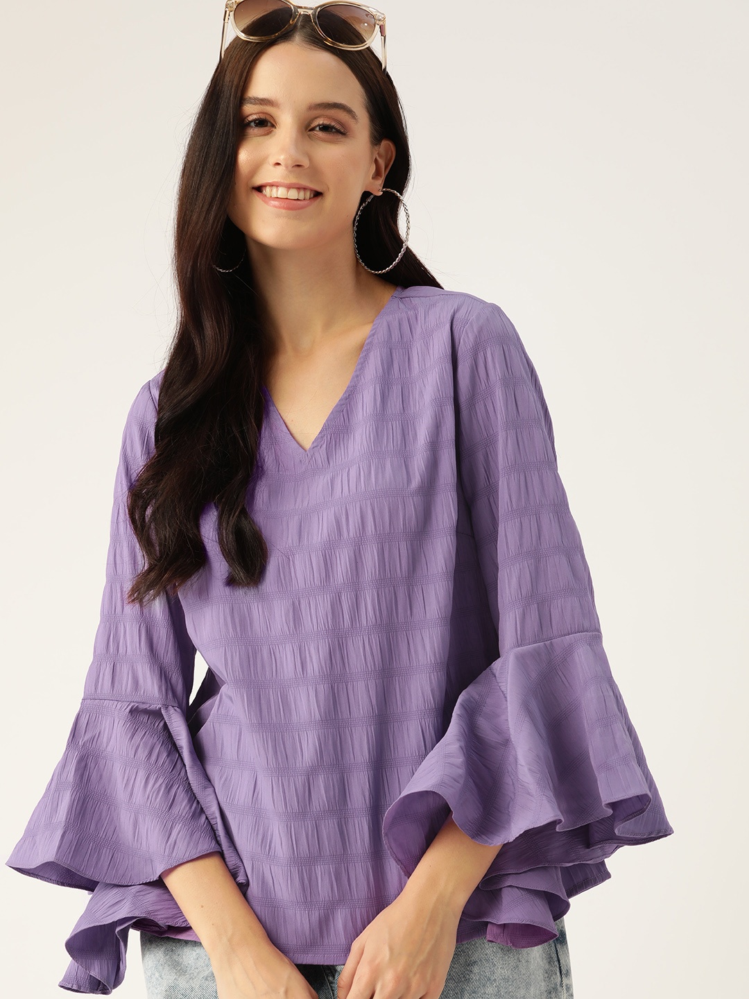 

Mast & Harbour Striped Bell Sleeves Crepe Top, Purple