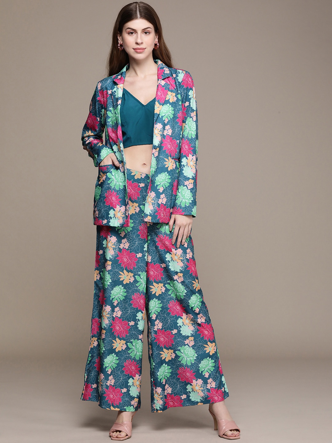 

Moda Rapido Women Floral Printed Co-Ords with Camisole, Teal