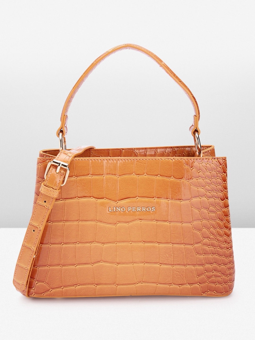 

Lino Perros Women Croc Textured Structured Handheld Bag, Brown
