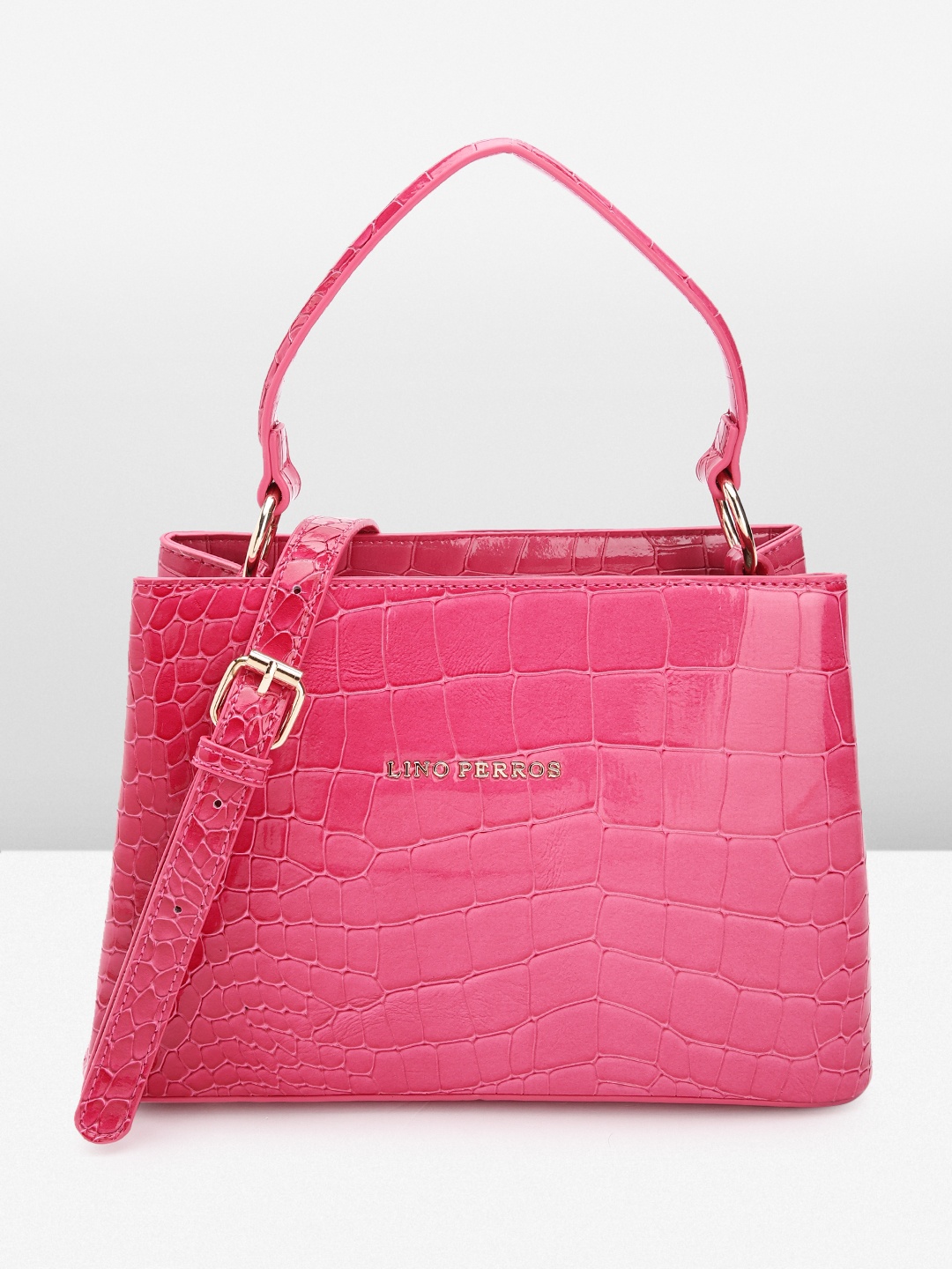 

Lino Perros Women Croc Textured Structured Handheld Bag, Fuchsia