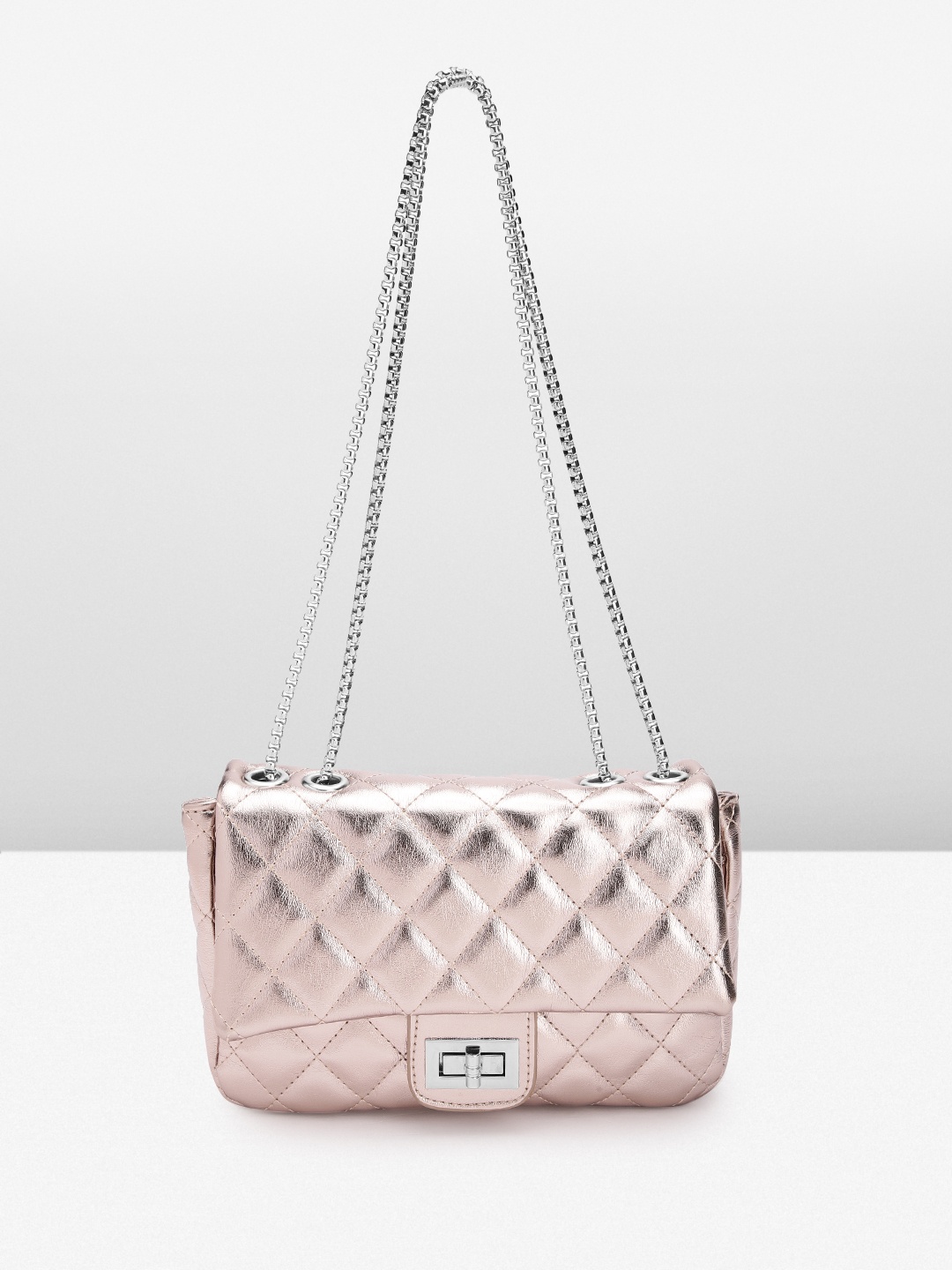 

Lino Perros Women Quilted Textured Structured Sling Bag, Rose gold