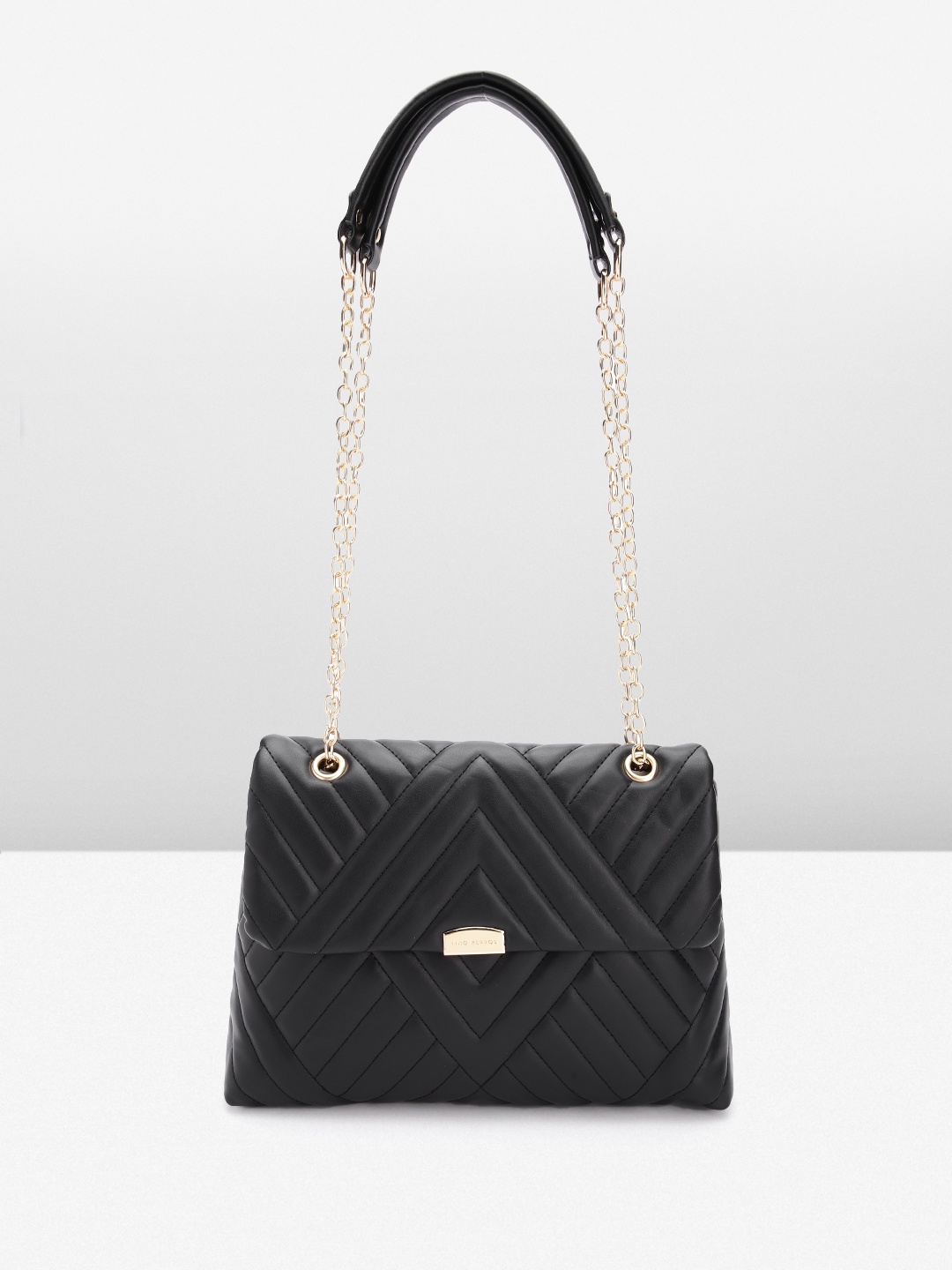 

Lino Perros Women Striped Structured Satchel Bag with Quilted Detail, Black