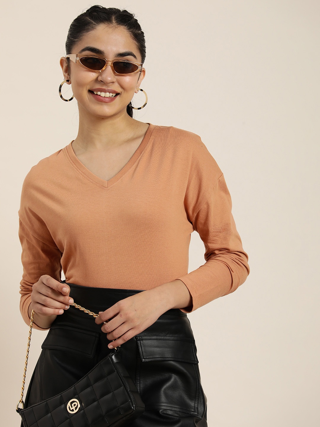 

HERE&NOW Women V-Neck Pure Cotton T-shirt, Beige