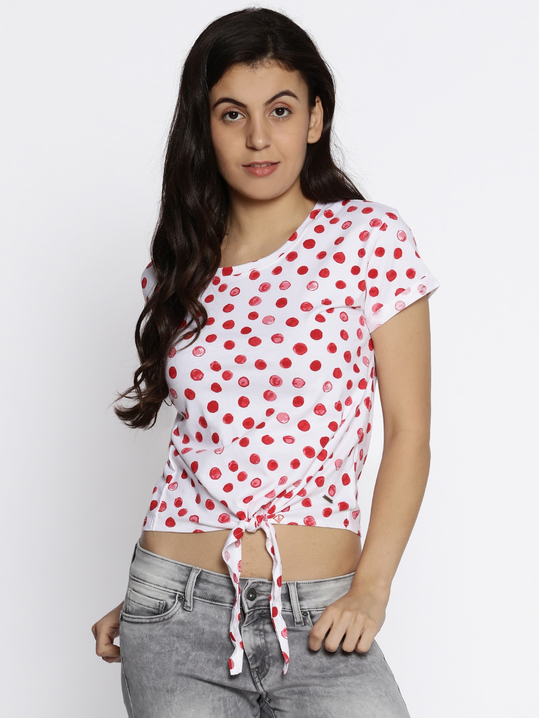 

Pepe Jeans Women Red Printed Crop Pure Cotton Top