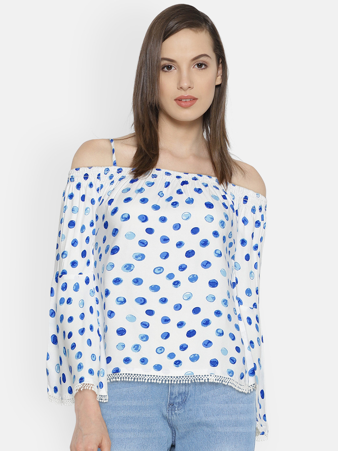 

Pepe Jeans Women Blue & White Printed Bardot Top