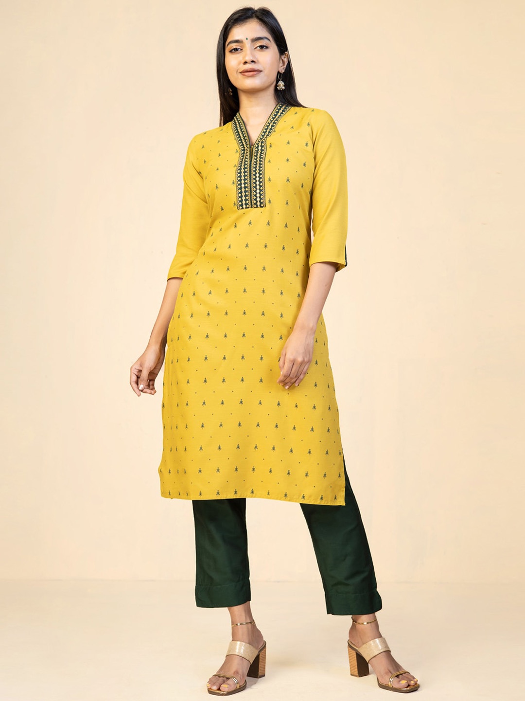 

Maybell Printed V-Neck Mirror Work Kurta, Yellow