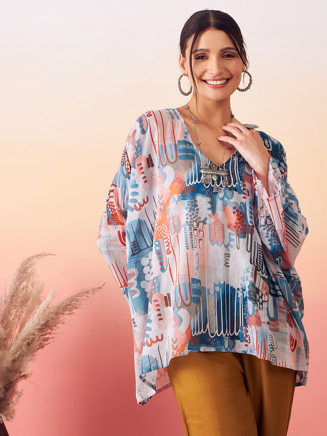 

InWeave Abstract Printed Kimono Sleeves Boxy Top, Blue