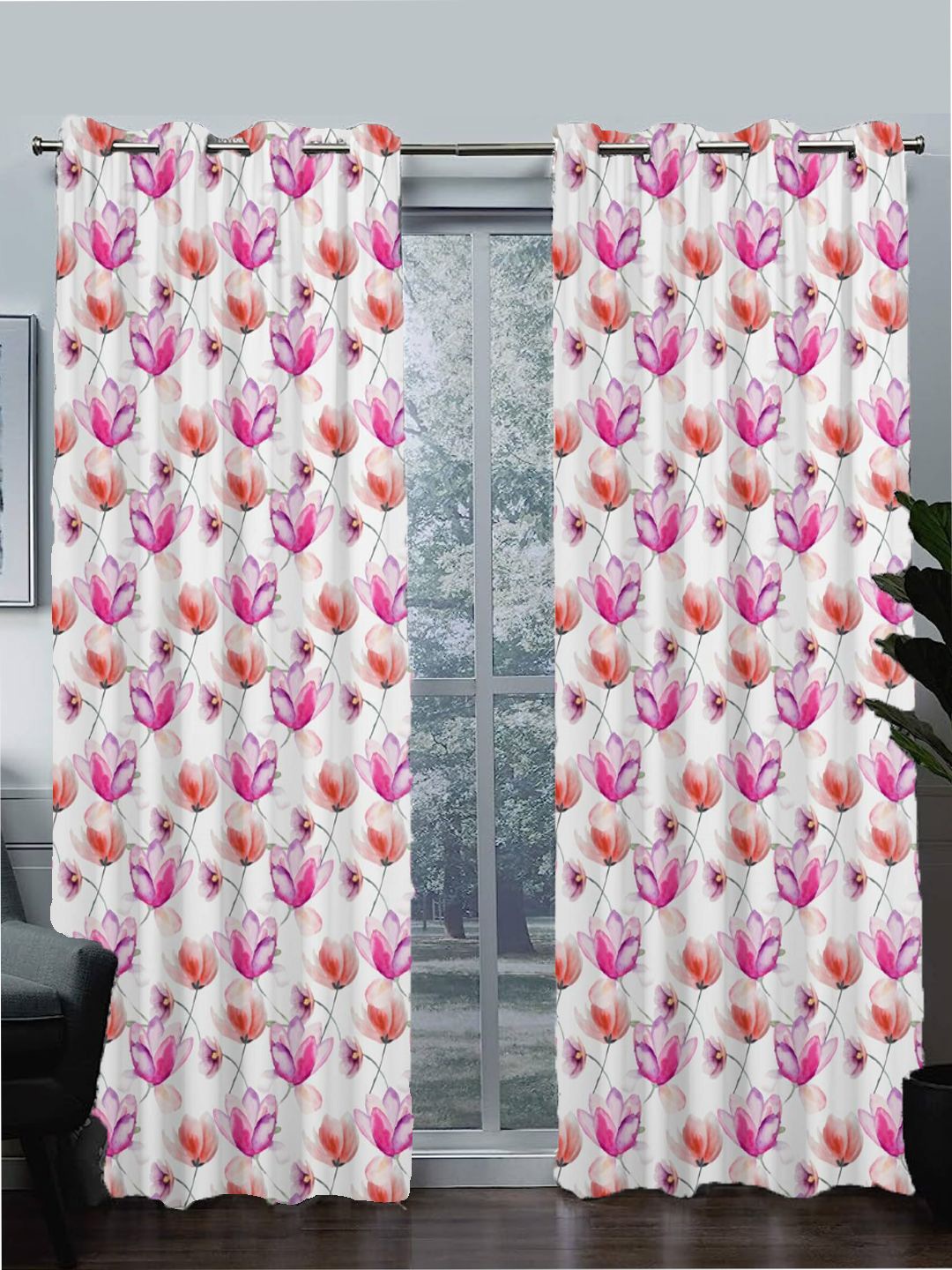 

Tasseled Home White & Pink Floral Cotton Room Darkening Door Curtain