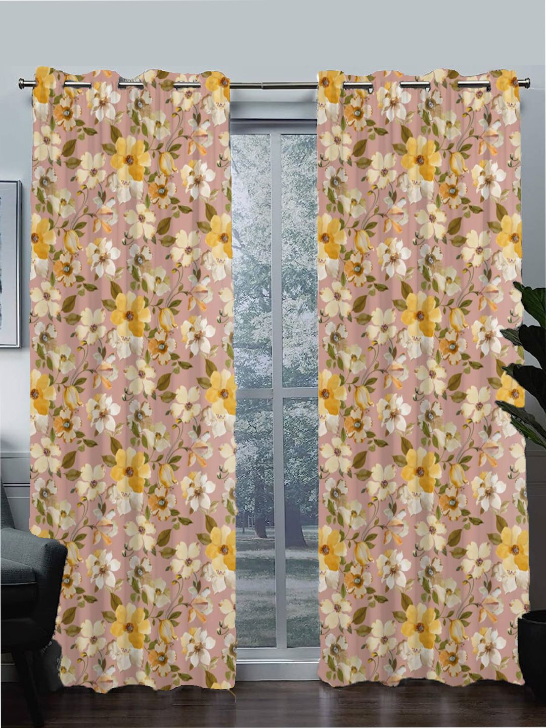 

Tasseled Home Pink & Yellow Floral Cotton Room Darkening Door Curtain