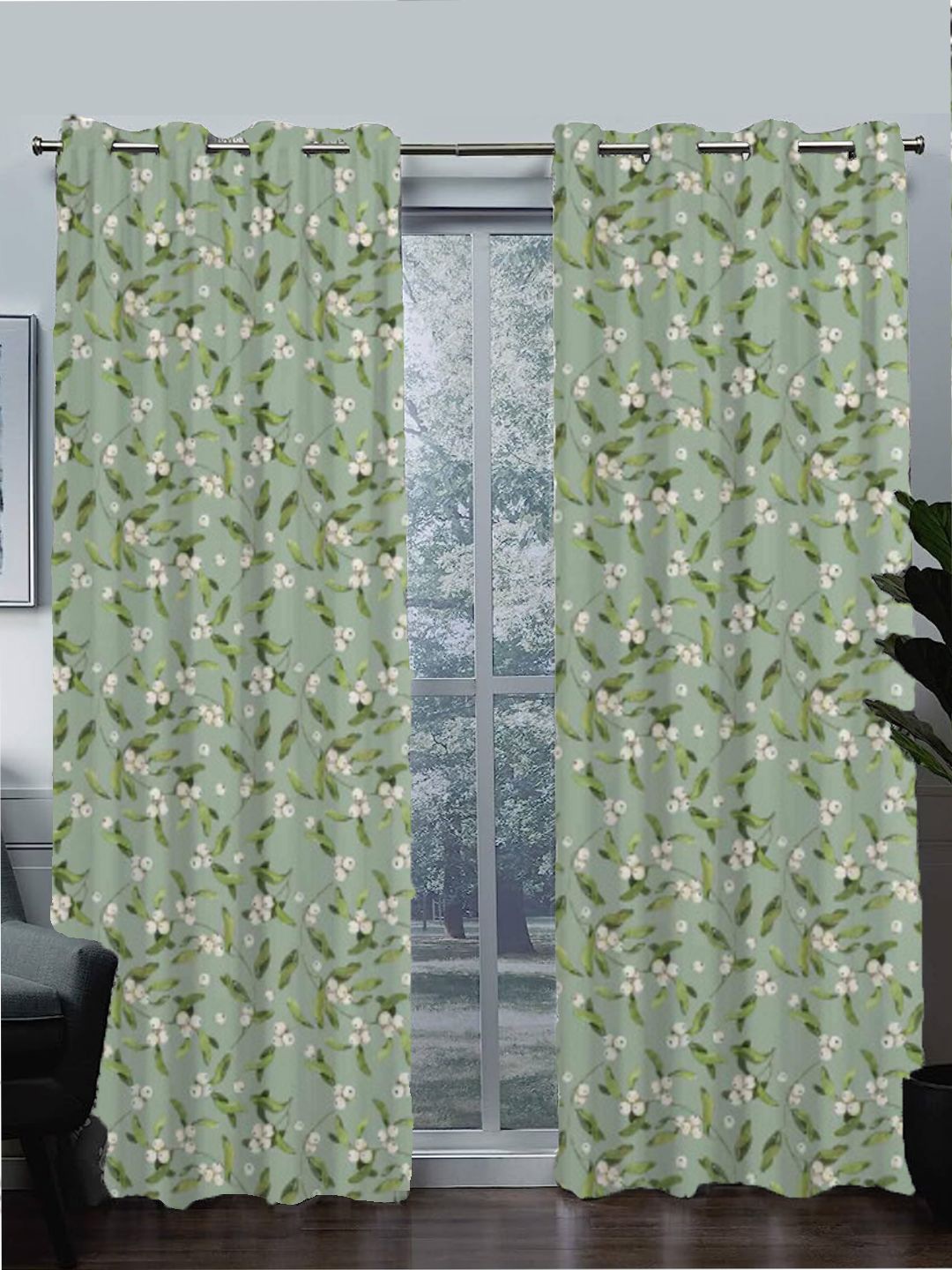 

Tasseled Home Green & White Floral Cotton Room Darkening Door Curtain