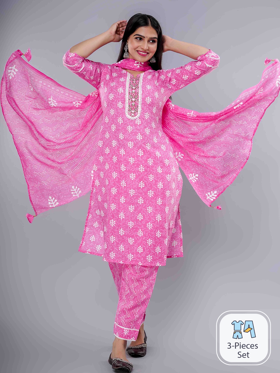 

IkDaiya Ethnic Motifs Printed Pure Cotton Kurta with Trousers & Dupatta, Pink