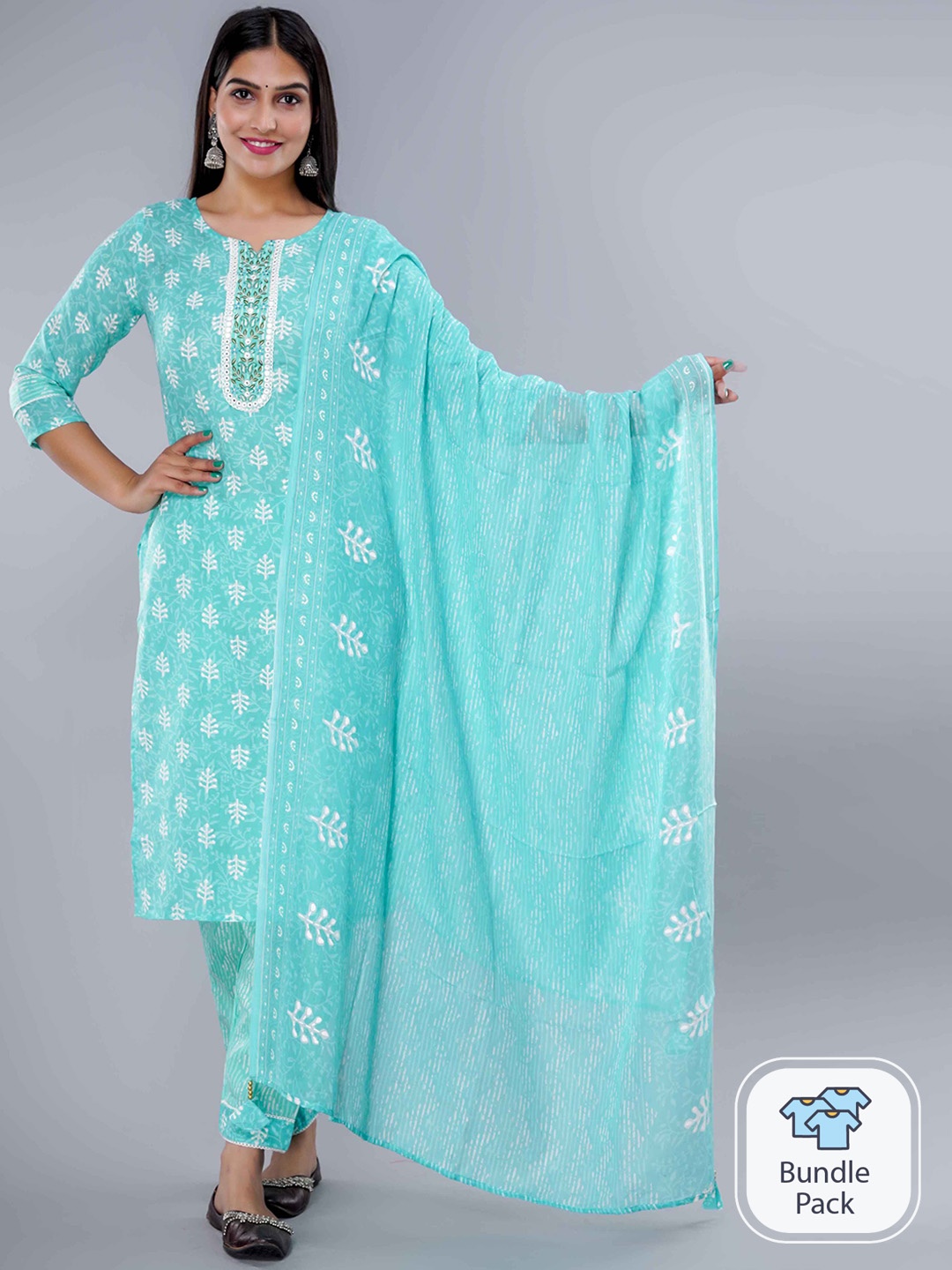 

IkDaiya Floral Embroidered Thread Work Pure Cotton Kurta with Trousers & Dupatta, Teal