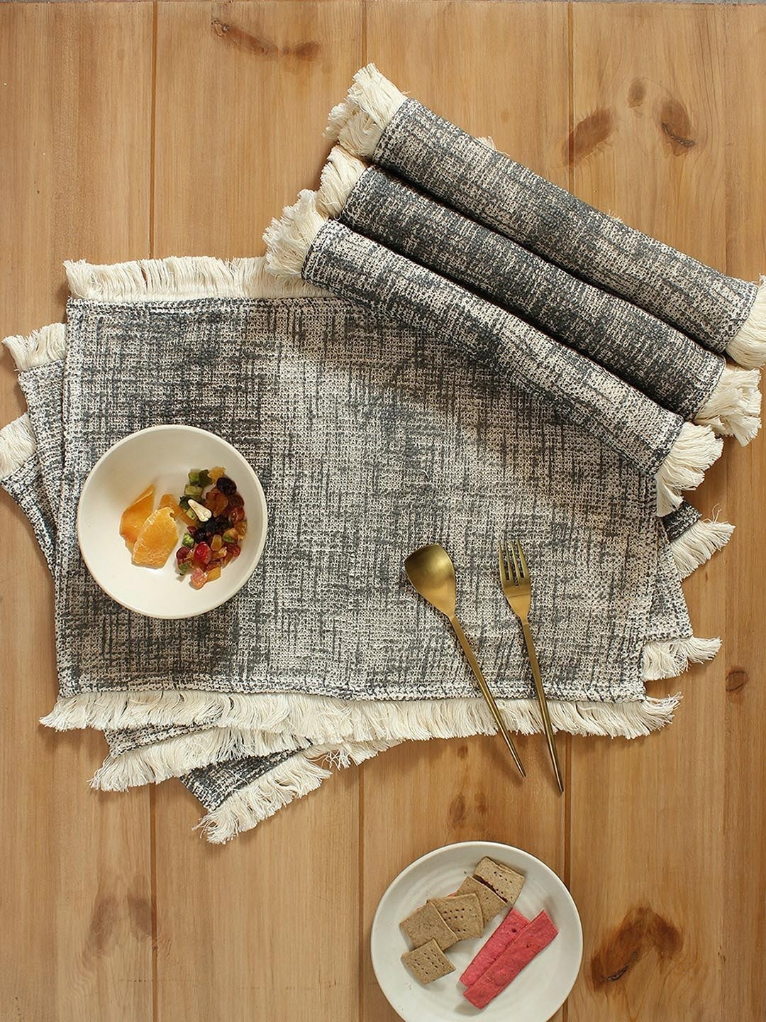 

House This Black & Beige 6 Pieces Self-Design Pure Cotton Table Placemats