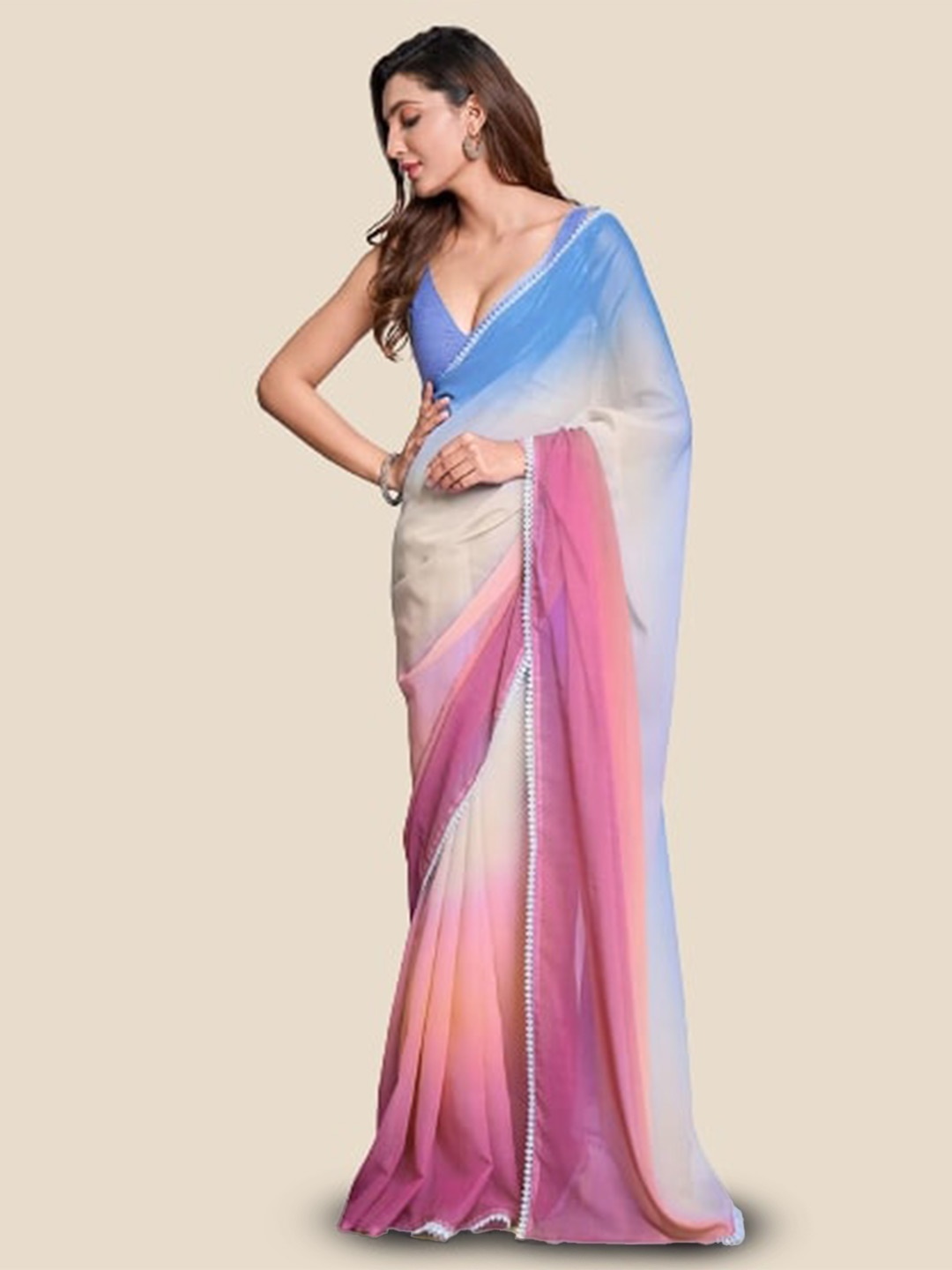

HERE&NOW Pink & Blue Ombre Gotta Pati Pure Georgette Saree