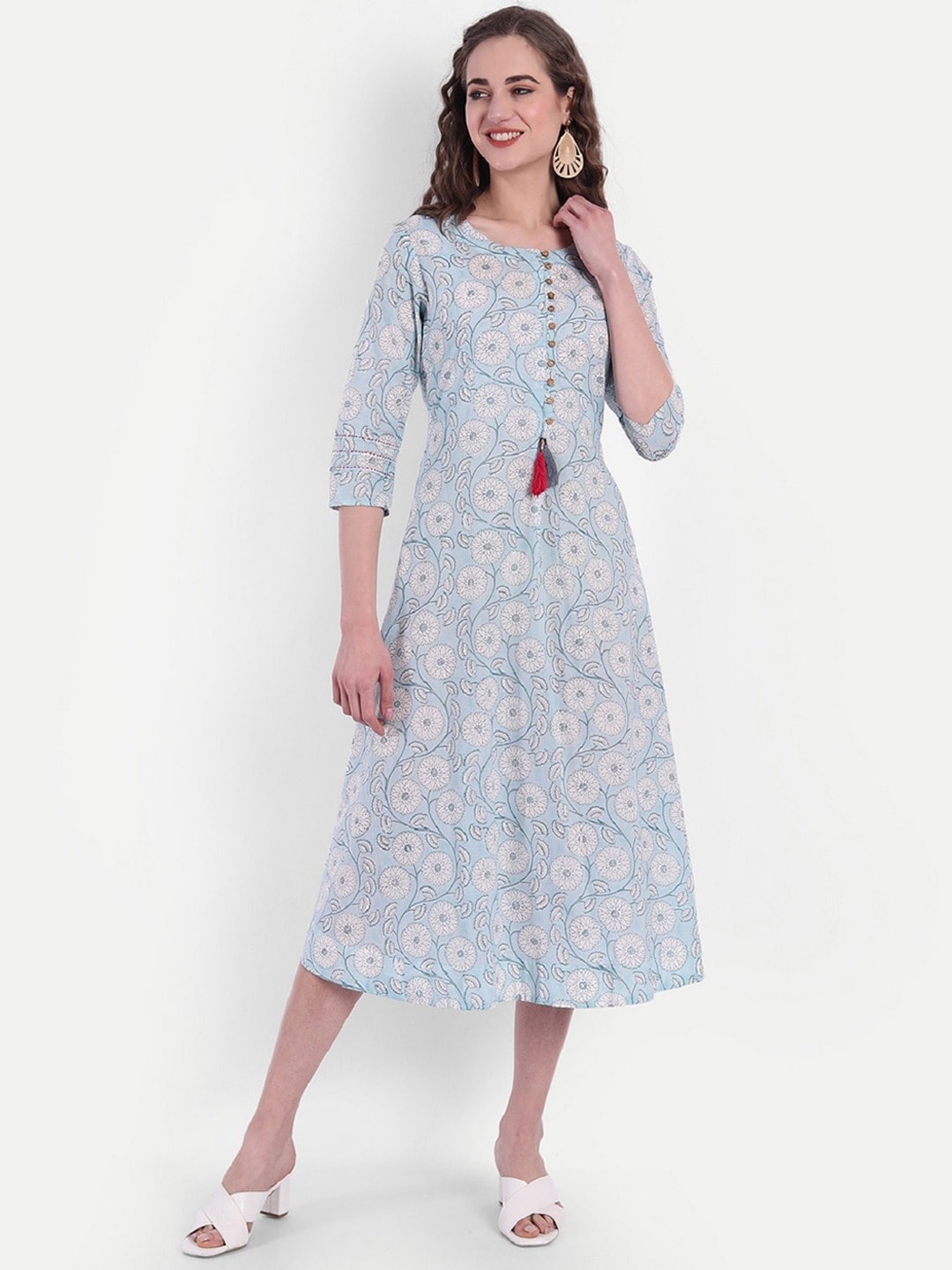 

SUTI Floral Printed Round Neck Cotton A-Line Midi Dress, Blue