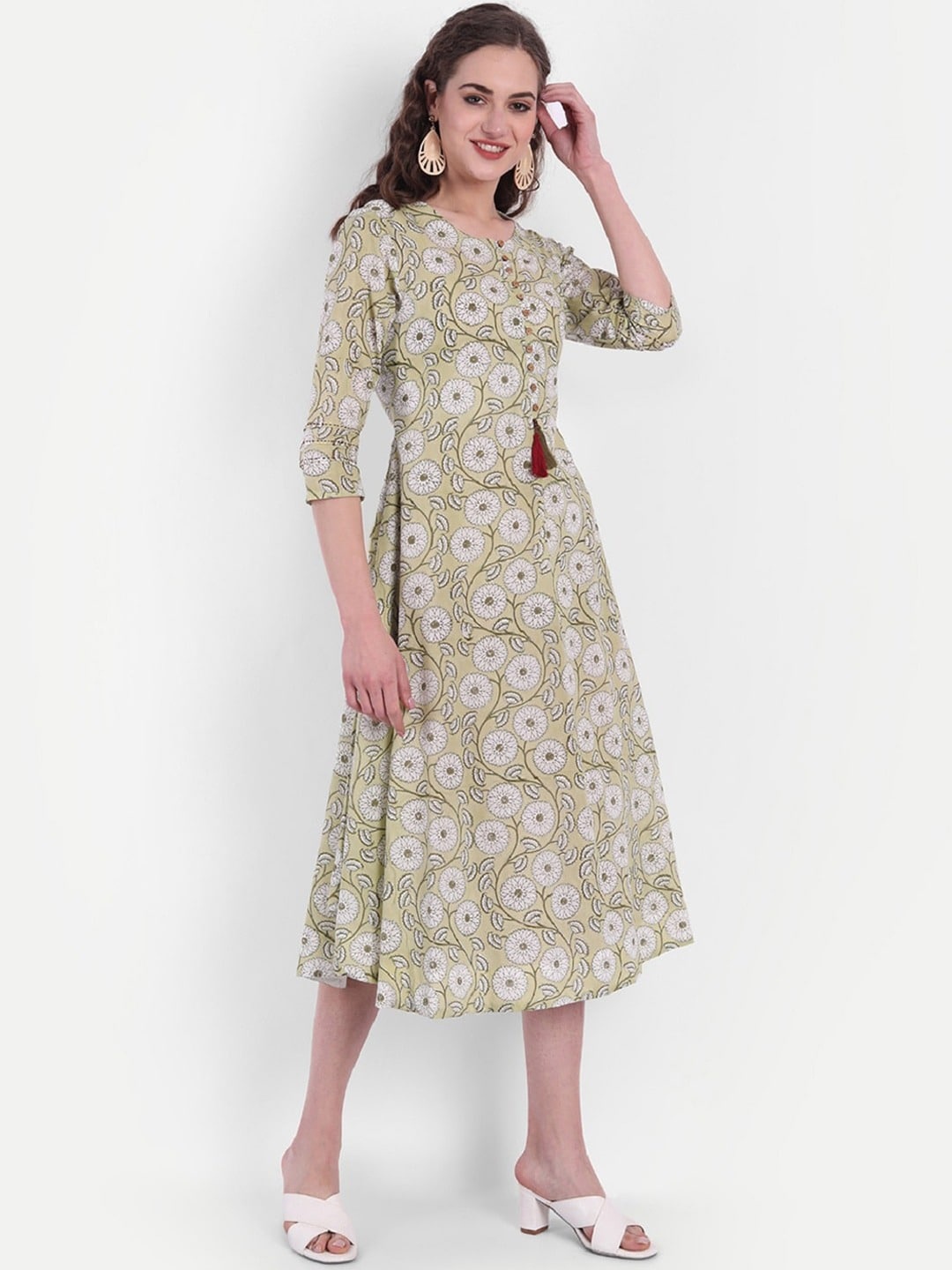 

SUTI Floral Printed Round Neck Cotton A-Line Midi Dress, Green