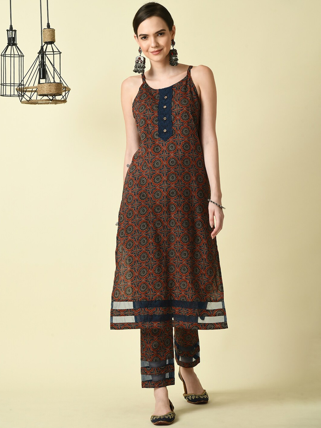 

Myshka Ethnic Motifs Printed Shoulder Straps Cotton Kurta Set, Brown