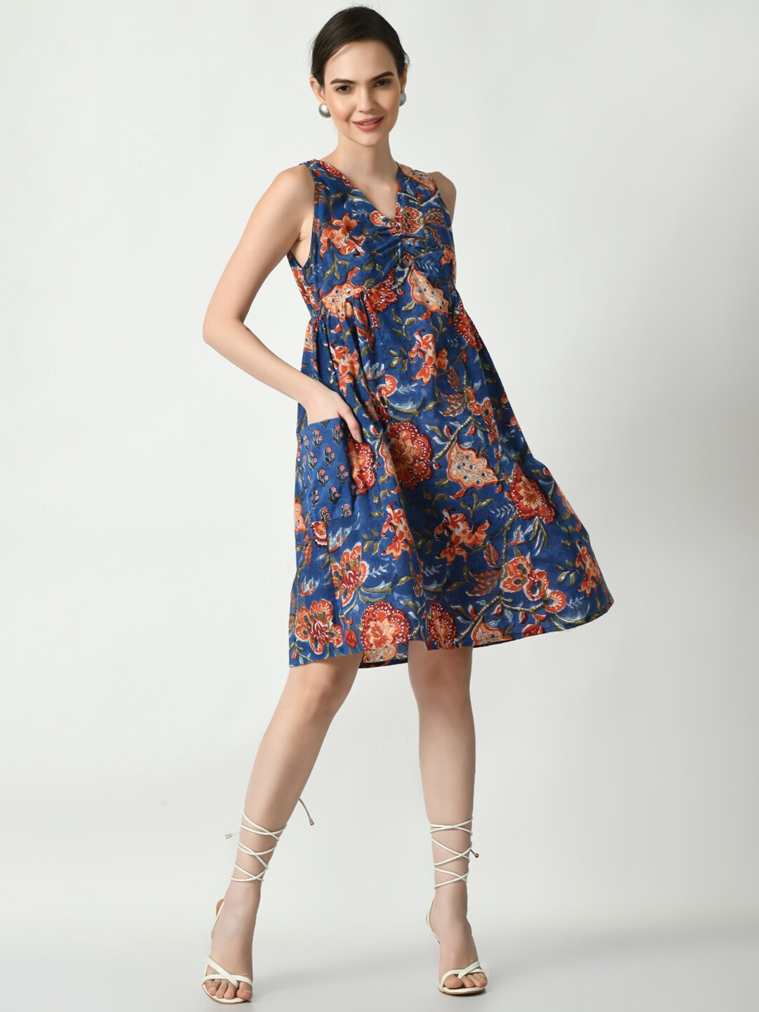 

Myshka V-Neck Floral Print Gathered Detail Cotton A-Line Dress, Blue