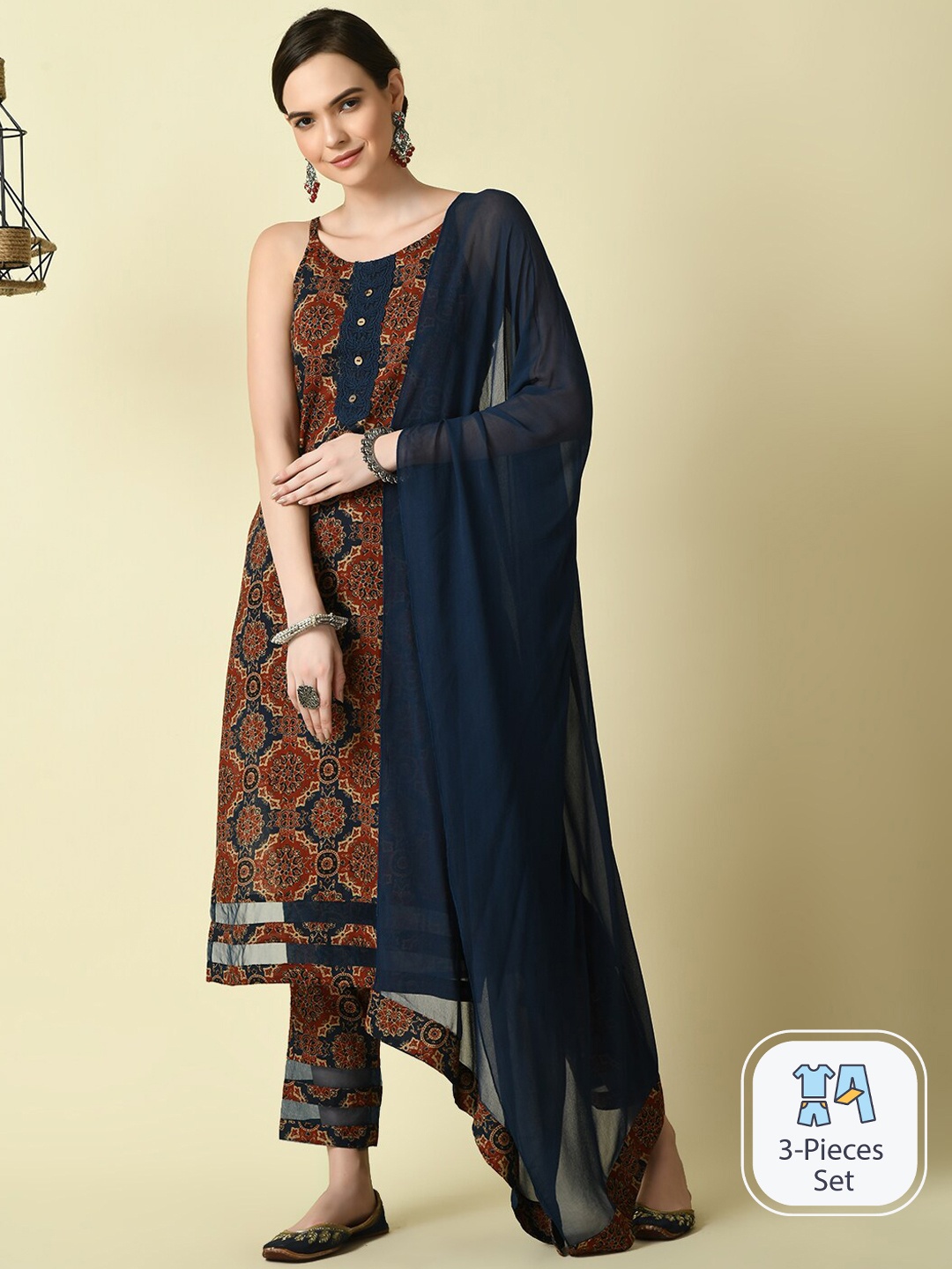 

Myshka Ethnic Motifs Printed Shoulder Straps Cotton Kurta Set With Dupatta, Navy blue