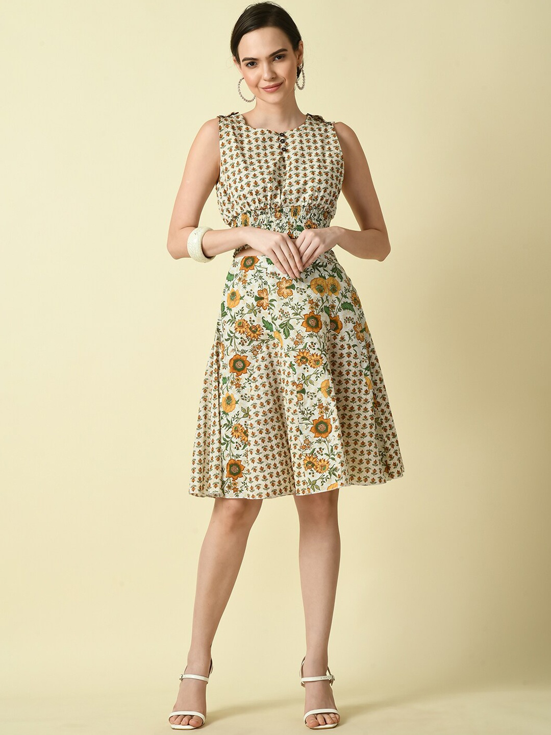 

Myshka Printed Pure Cotton Top With Skirt Co-Ord, Beige