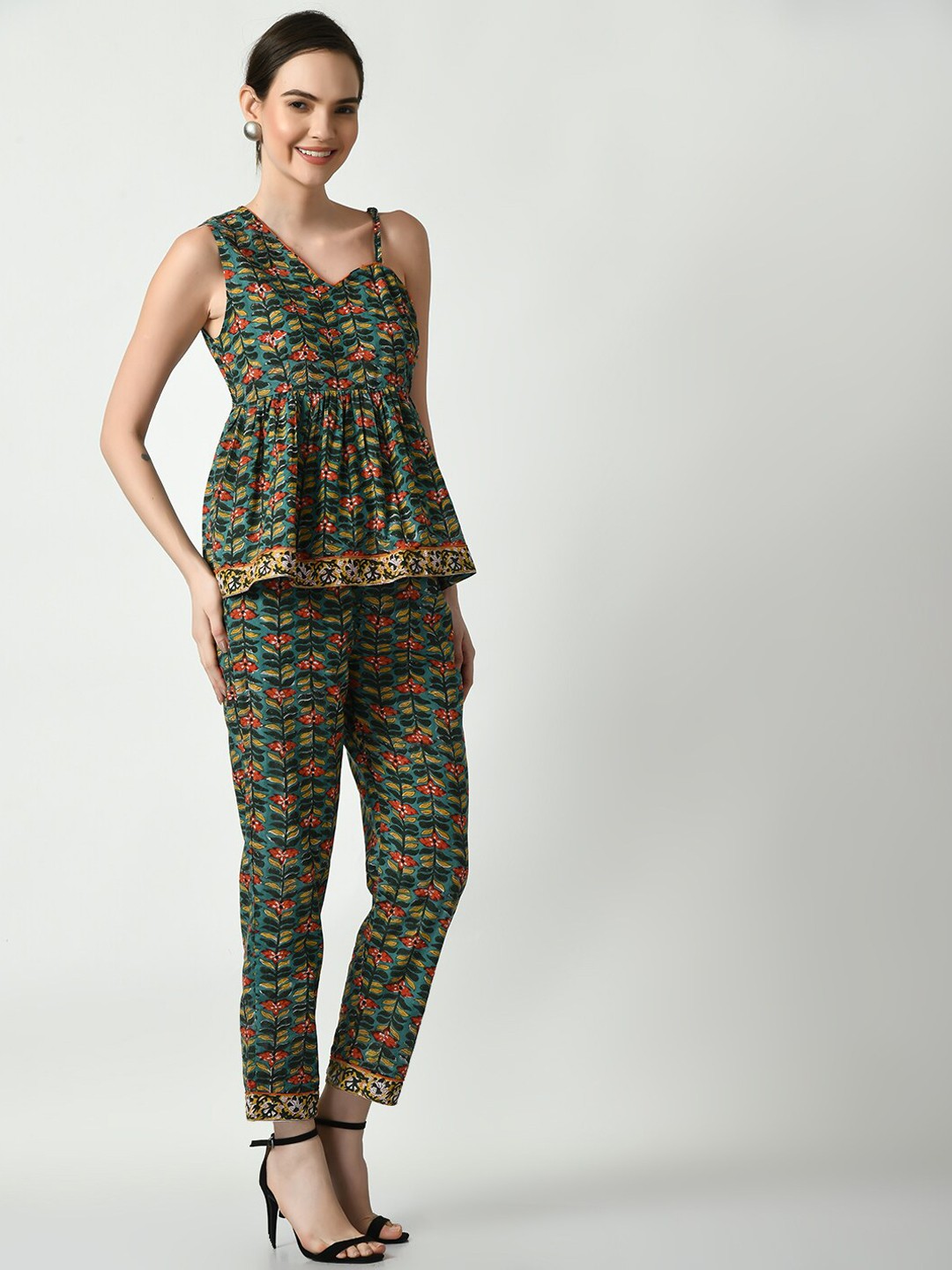

Myshka Printed Pure Cotton Top & Trousers, Green