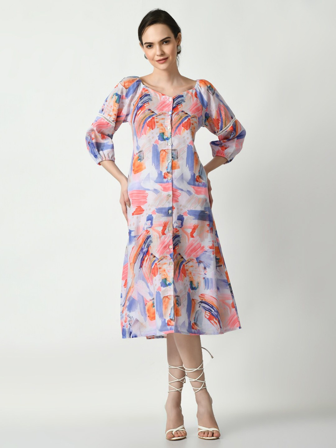 

Myshka Abstract Printed V-Neck Puff Sleeves A-Line Dress, Blue