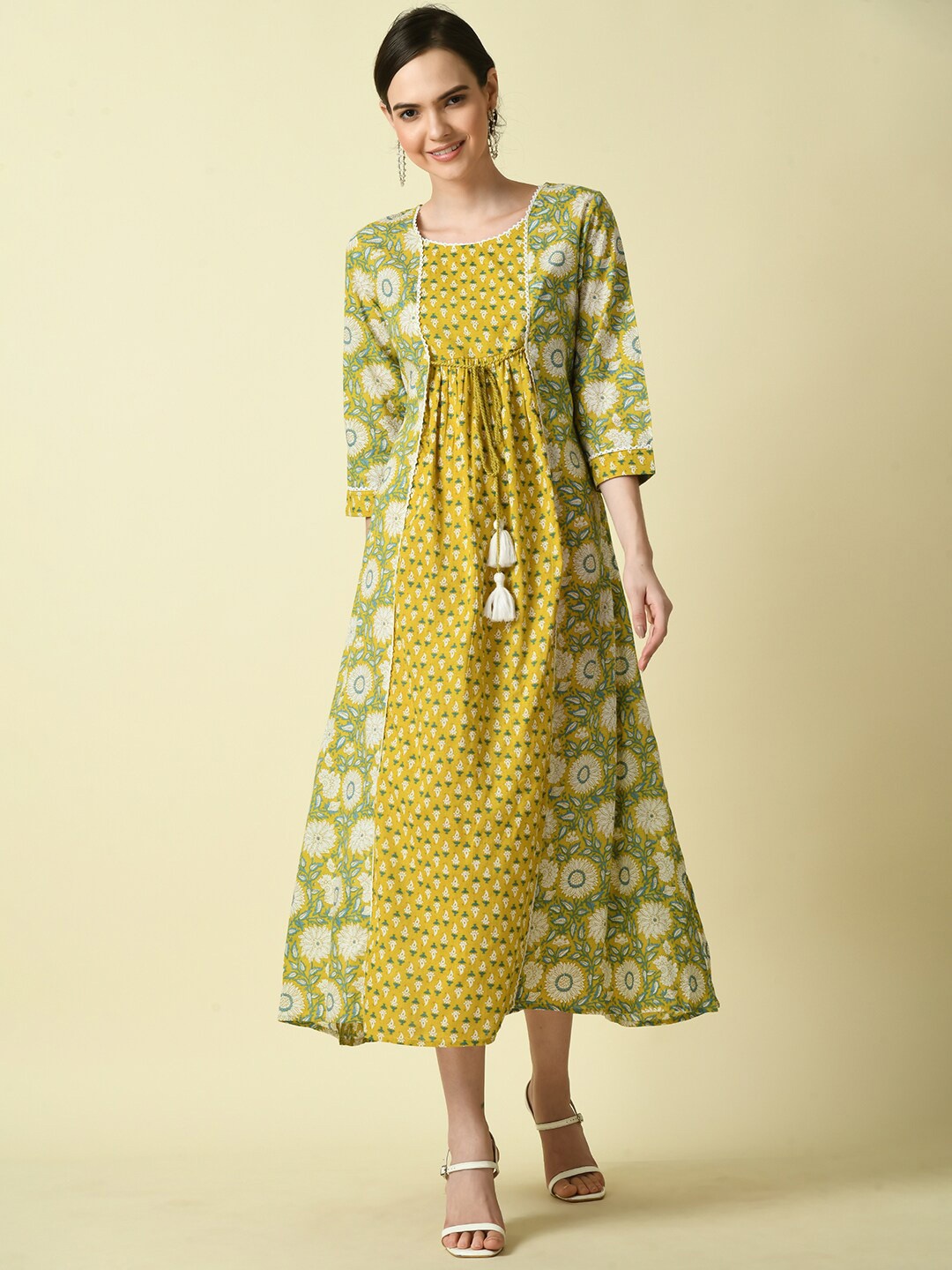 

Myshka Ethnic Motifs Print A-Line Midi Dress, Yellow