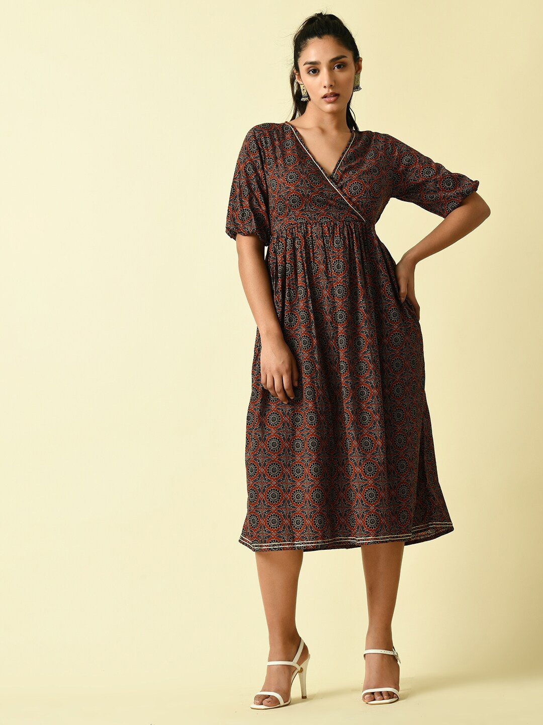 

Myshka Ethnic Motifs Printed Puff Sleeves Gathered Cotton Fit and Flare Ethnic Dresses, Brown