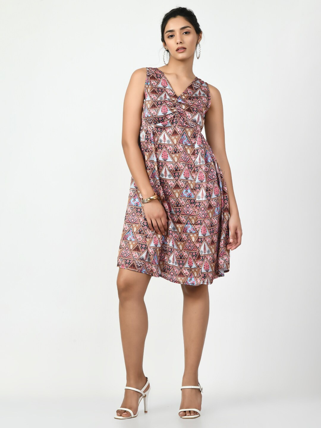 

Myshka Abstract Printed Gathered Satin A-Line Dress, Brown