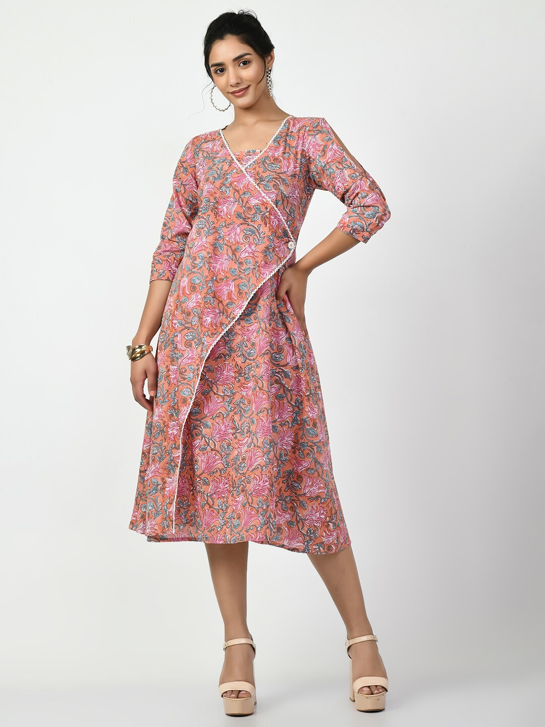 

Myshka Floral Print A-Line Cotton Midi Dress, Peach