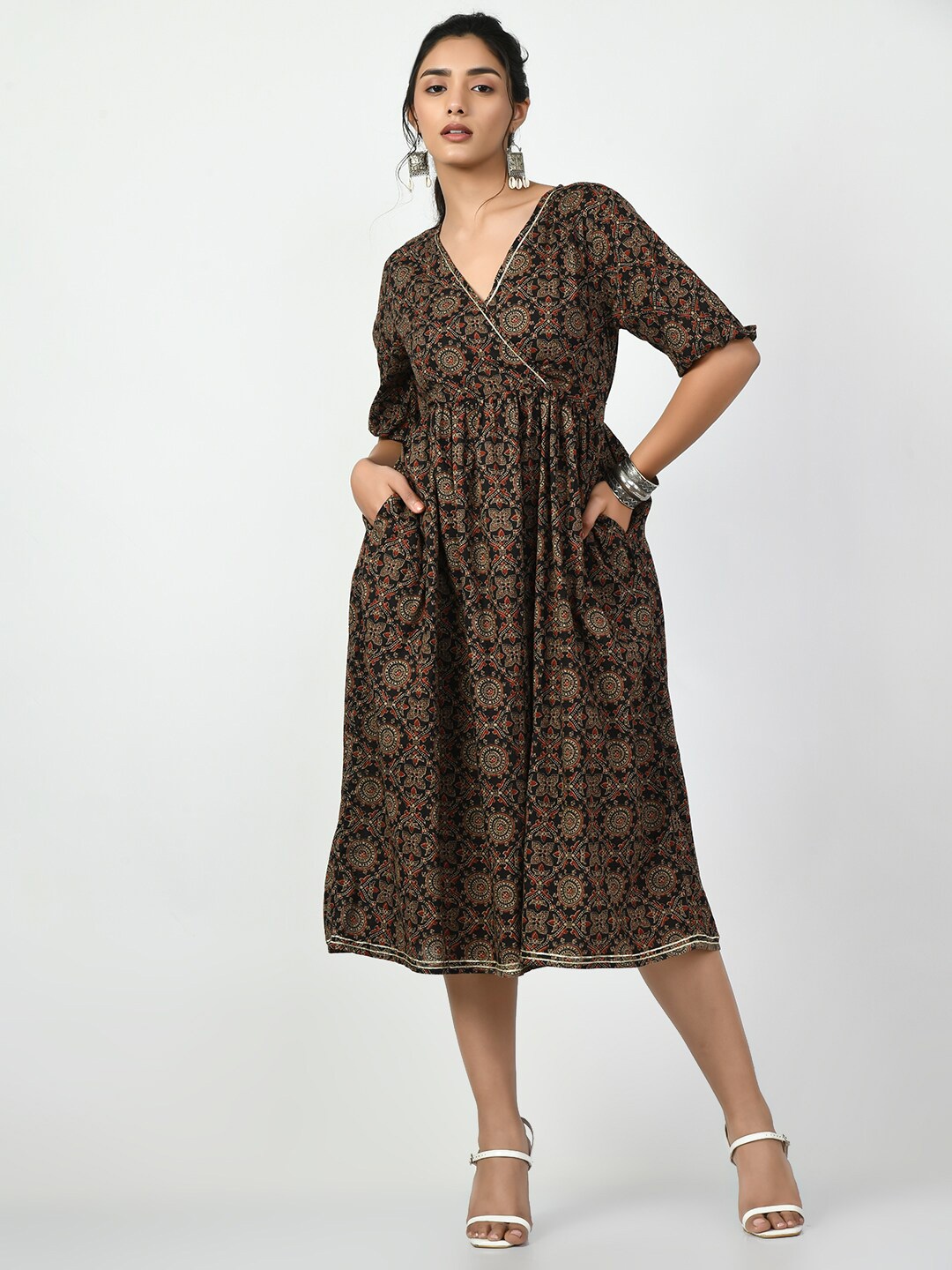 

Myshka Ethnic Motifs Printed Puff Sleeves Gathered Detail Cotton Fit and Flare Dress, Black